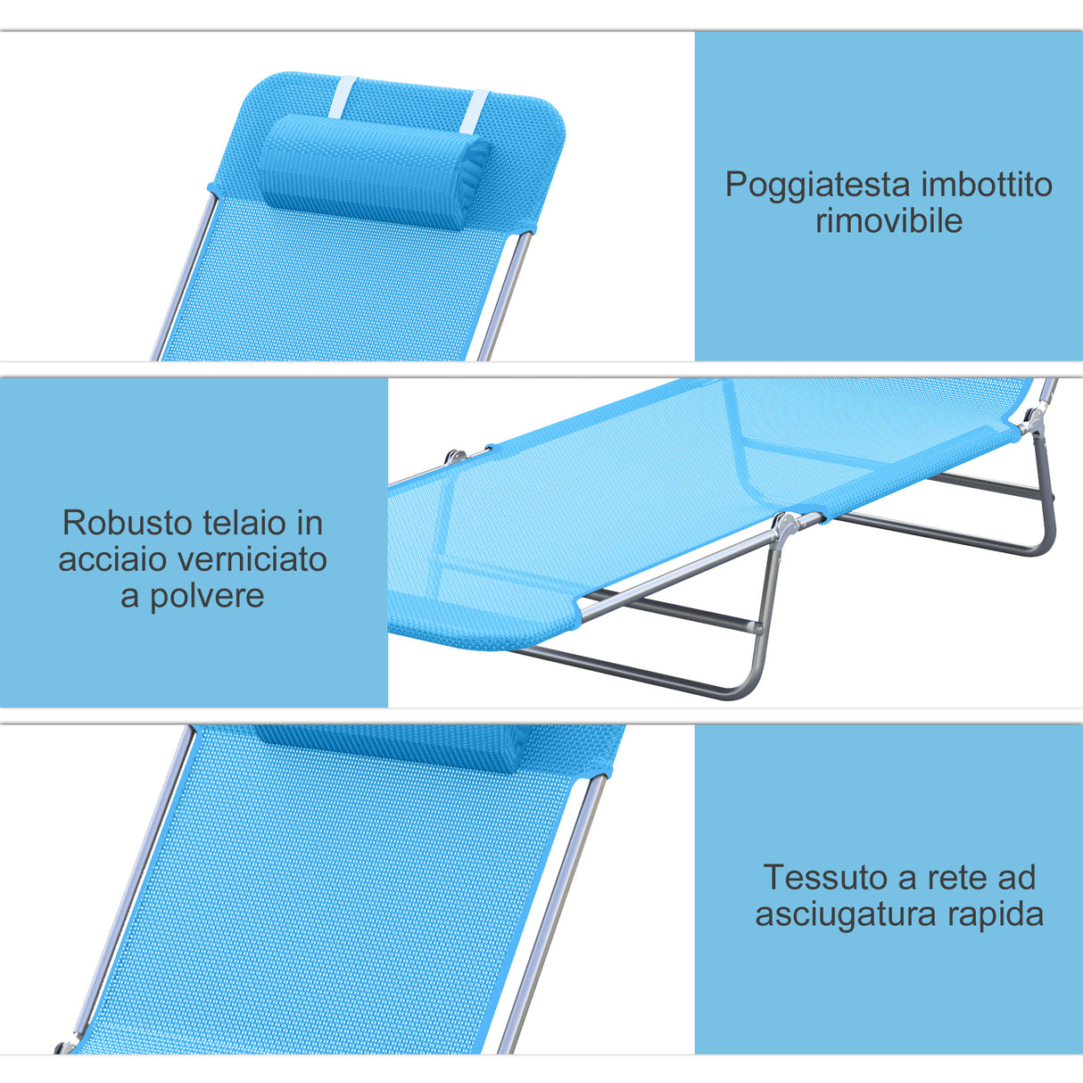 easycomfort lettino prendisole pieghevole con schienale reclinabile e cuscino 182x56x24.5cm