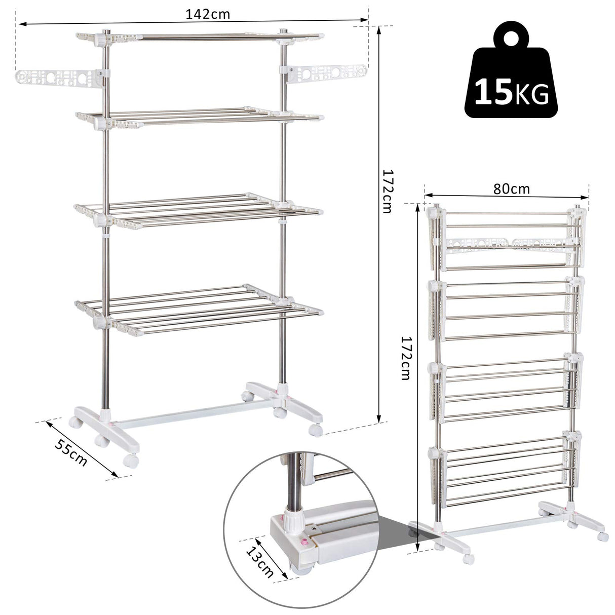 easycomfort easycomfort stendino verticale pieghevole in acciaio e plastica con 6 ruote e 4 ripiani regolabili 142x55x172 cm ean 8054144135915