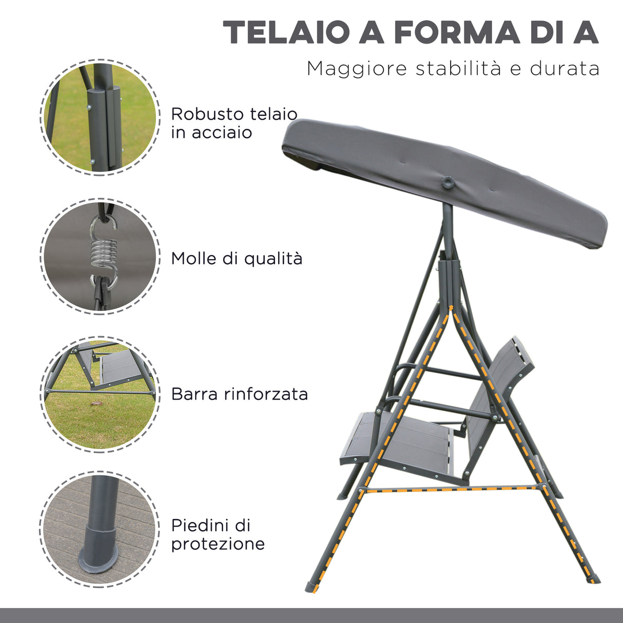easycomfort easycomfort dondolo 3 posti con baldacchino in acciaio e tessuto poliestere grigio 178x111x155cm