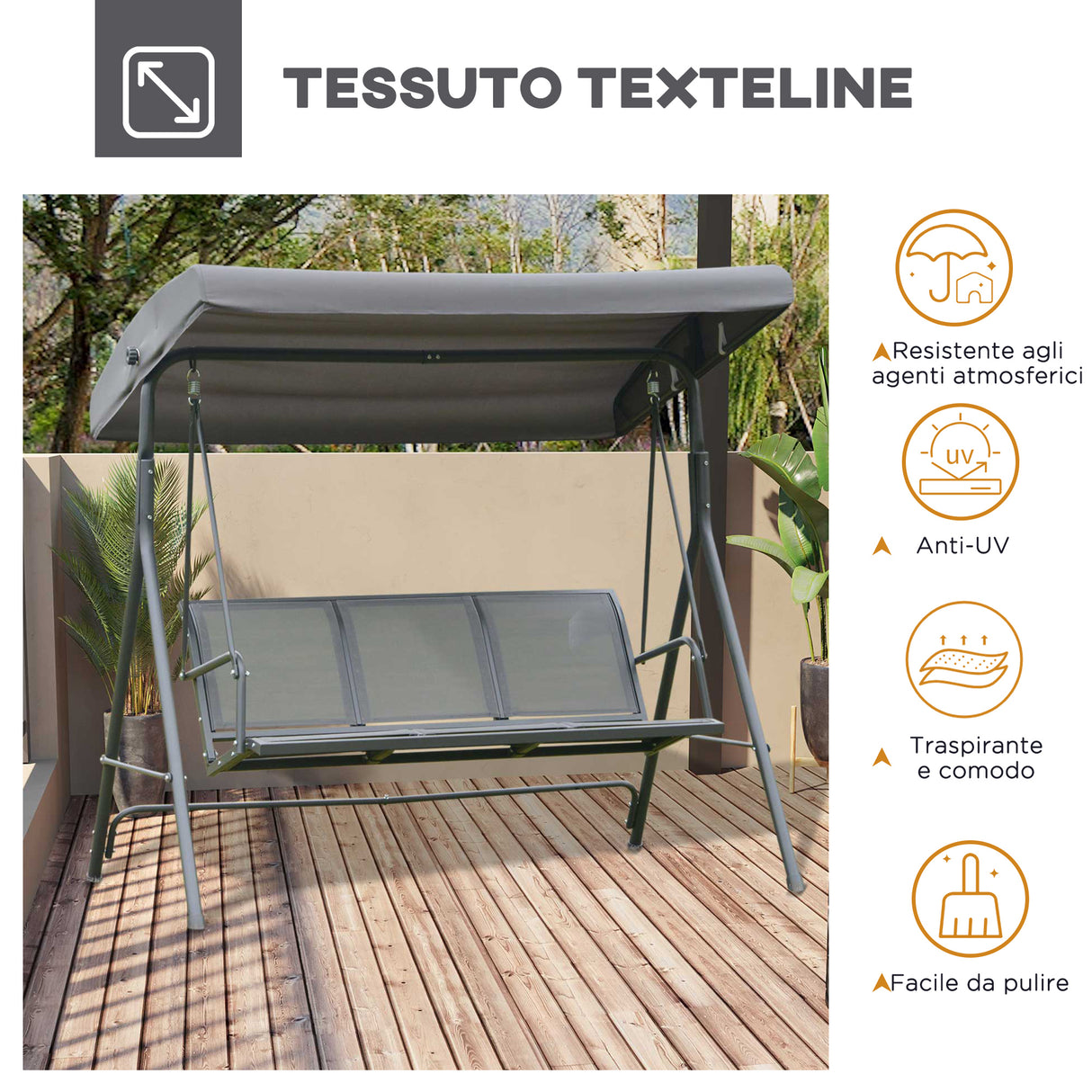 easycomfort easycomfort dondolo 3 posti con baldacchino in acciaio e tessuto poliestere grigio 178x111x155cm