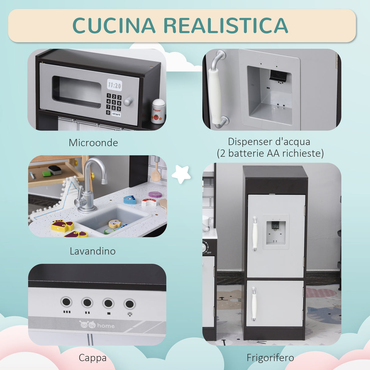 easycomfort easycomfort cucina giocattolo per bambini in legno con 14 accessori forno lavandino frigo e microonde eta 3 anni 86x64x84 5cm argento e marrone