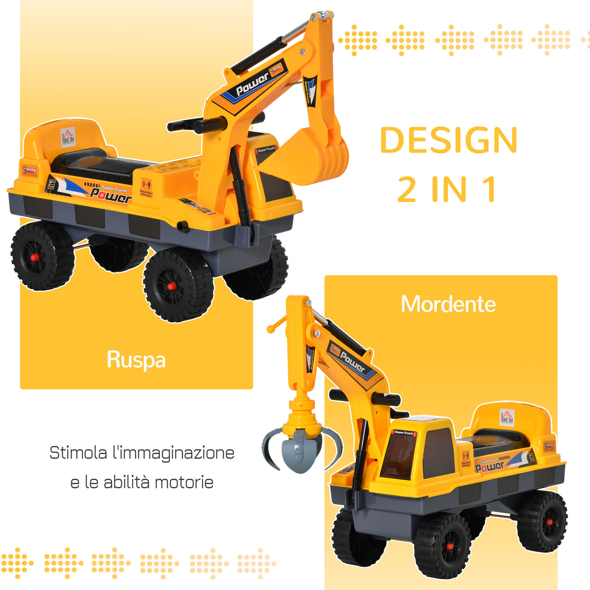 easycomfort easycomfort ruspa giocattolo 2 in 1 con escavatore e mordente vano nascosto gioco cavalcabile bambini 2 3 anni 90x28x58cm giallo