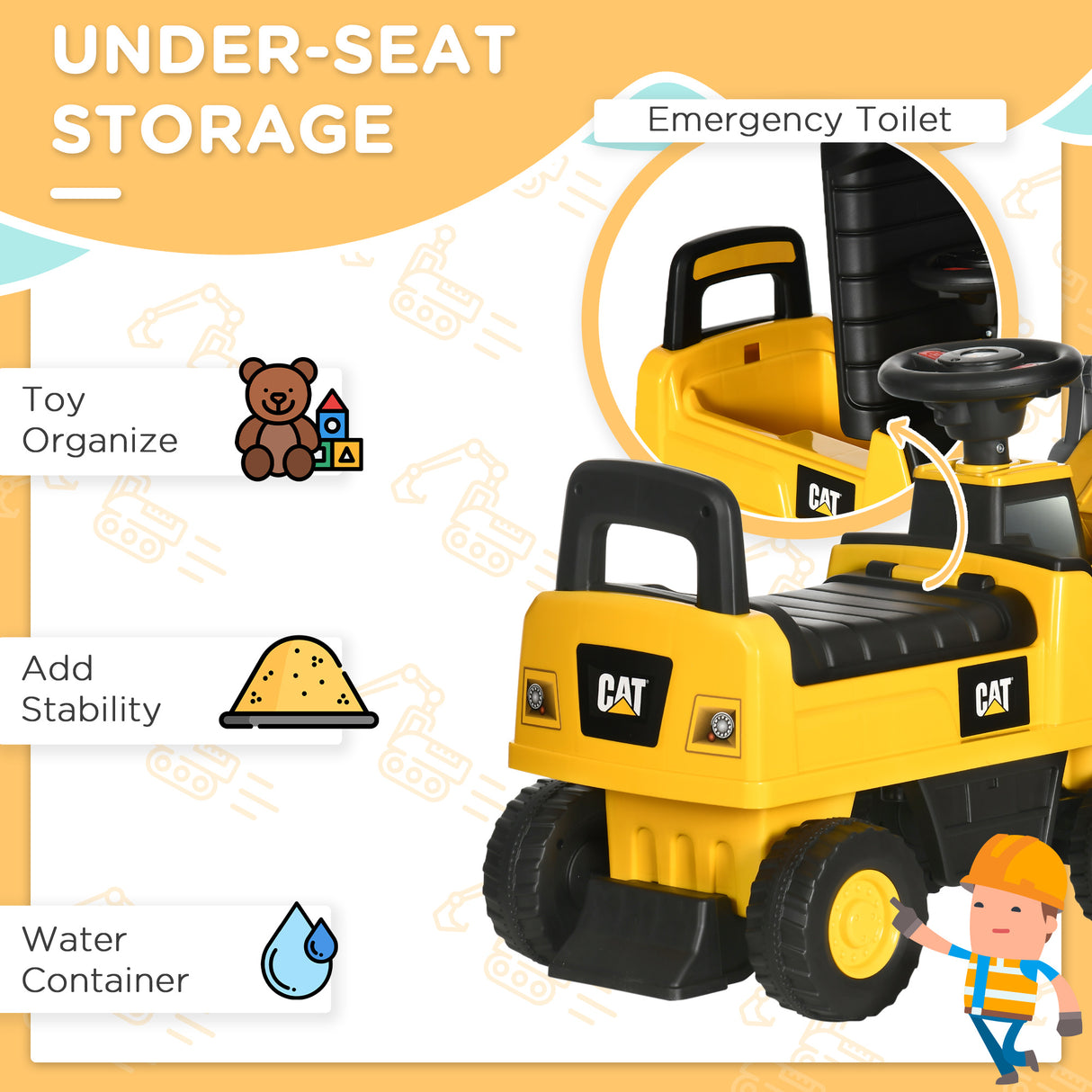 easycomfort easycomfort ruspa giocattolo per bambini 1 3 anni con escavatore e spazio portaoggetti 78x29 5x54 cm giallo e nero