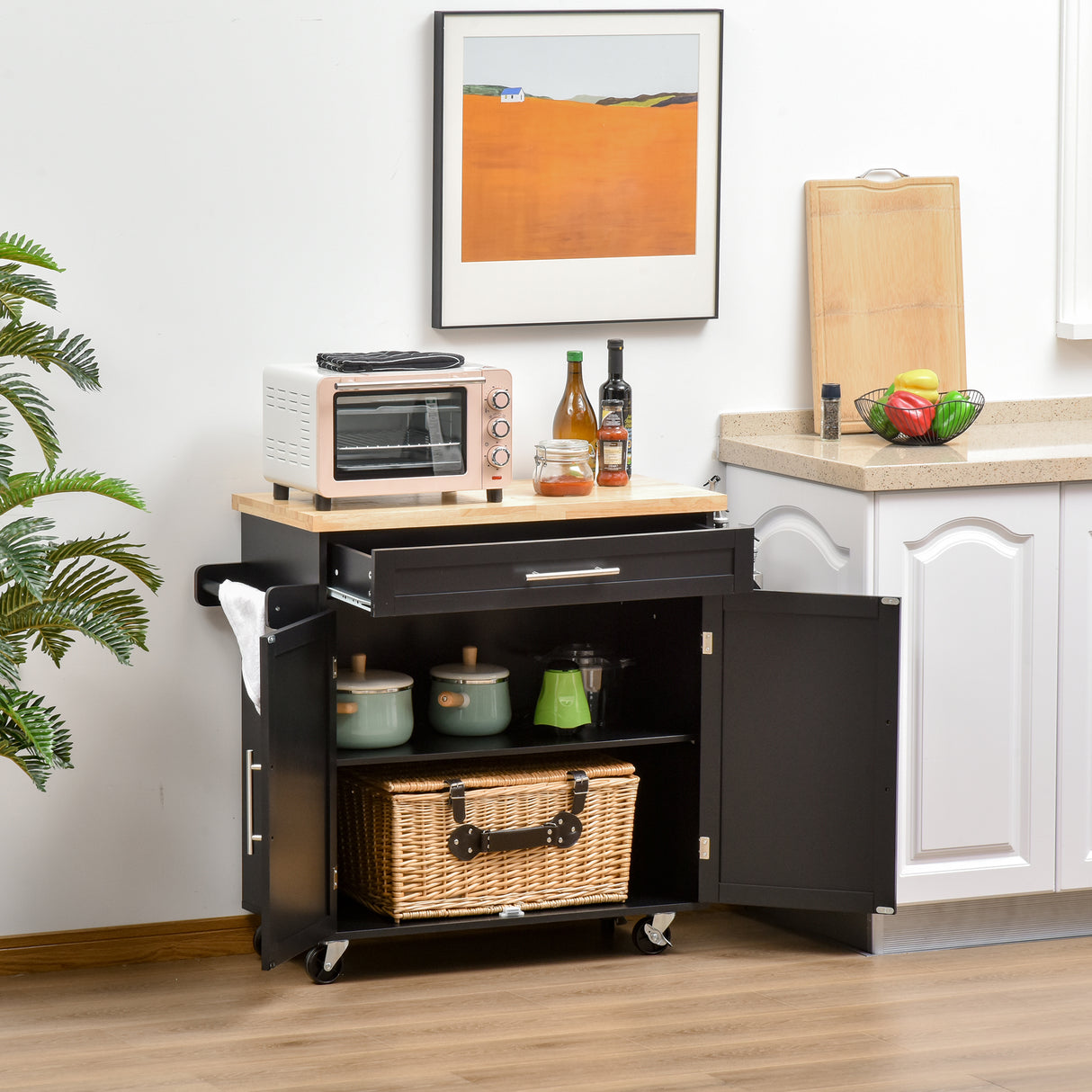 easycomfort easycomfort carrello da cucina con cassetti portaspezie e armadietto carrelloda portata con 4 ruote e piano di lavoro in legno 109x40x89cm nero