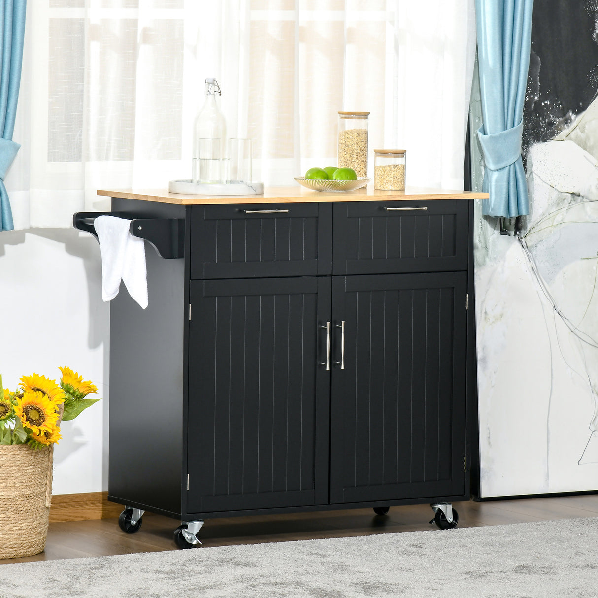 easycomfort easycomfort carrello da cucina multiuso in legno con 2 cassetti armadietto e 4 ruote 104x46x91cm nero