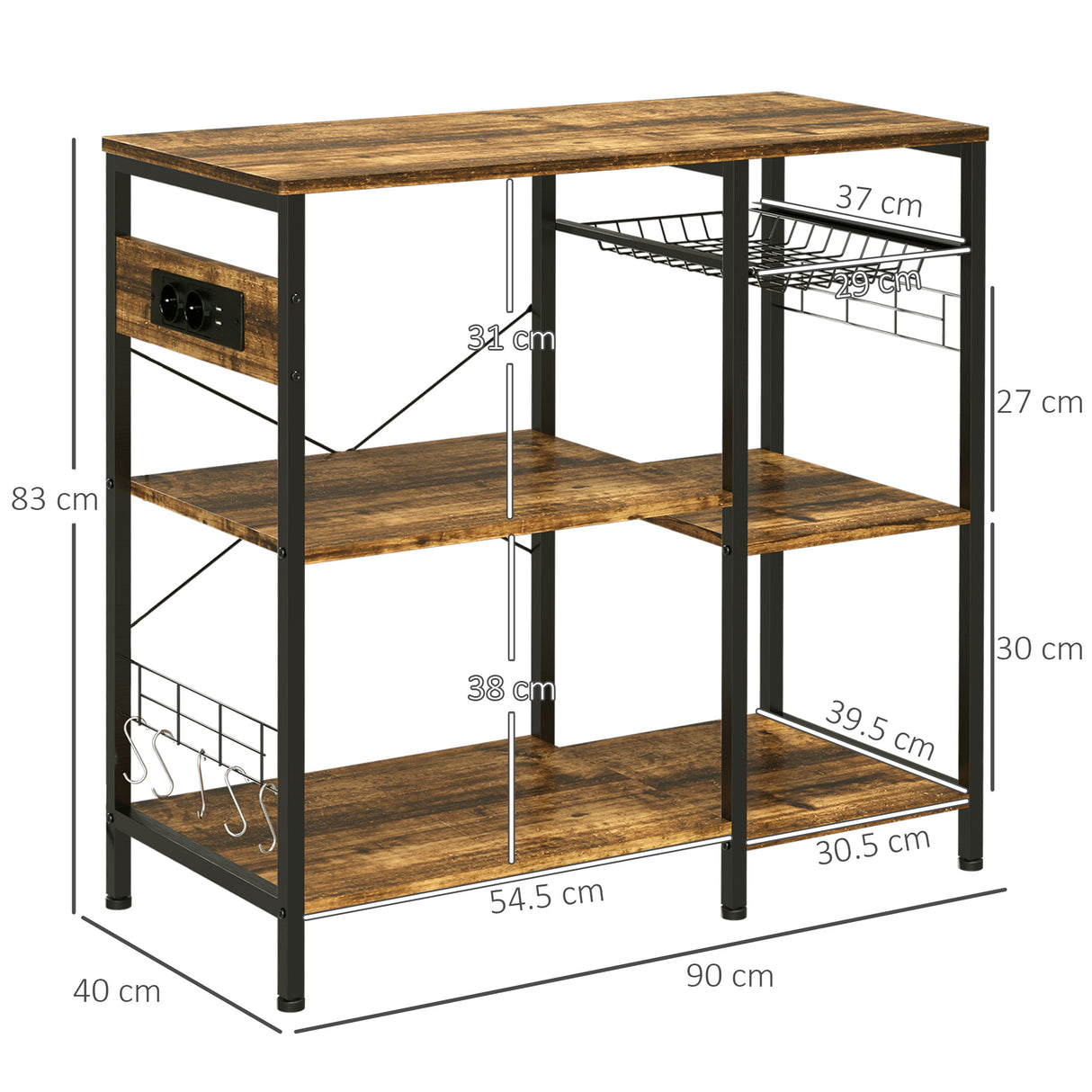 easycomfort easycomfort mobile da cucina a 3 ripiani in truciolato con presa di corrente porta usb e cestino 90x40x83cm