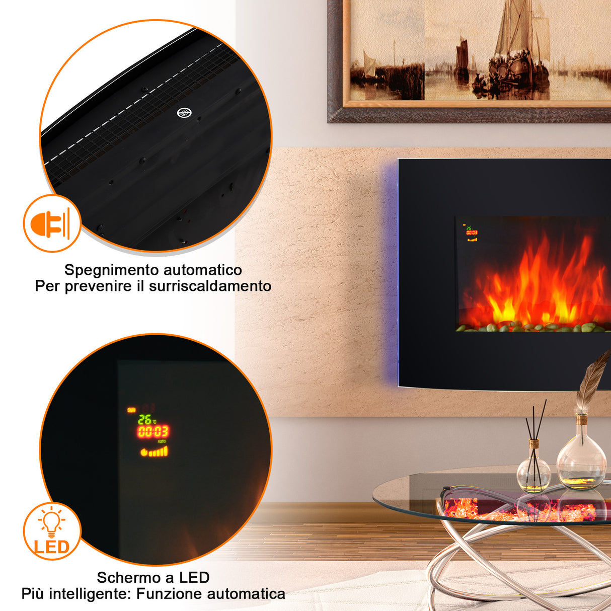 easycomfort easycomfort camino elettrico da parete o terra 2000w con fiamma led 7 colori nero 90x56x9.5cm