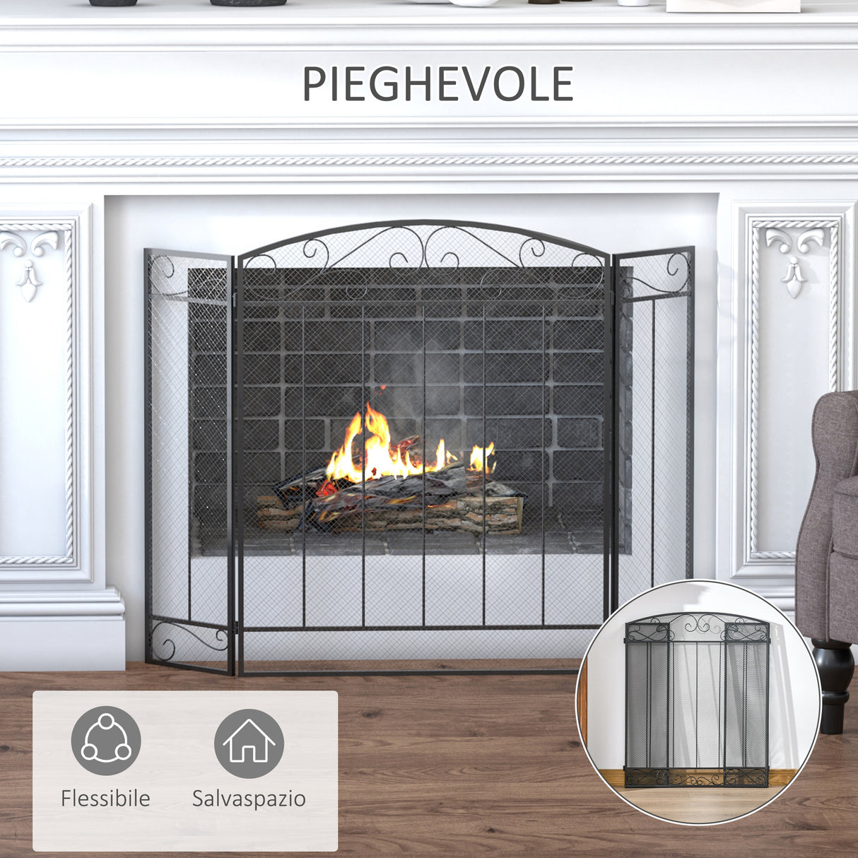 easycomfort parascintille caminetto con 3 pannelli pieghevoli nero