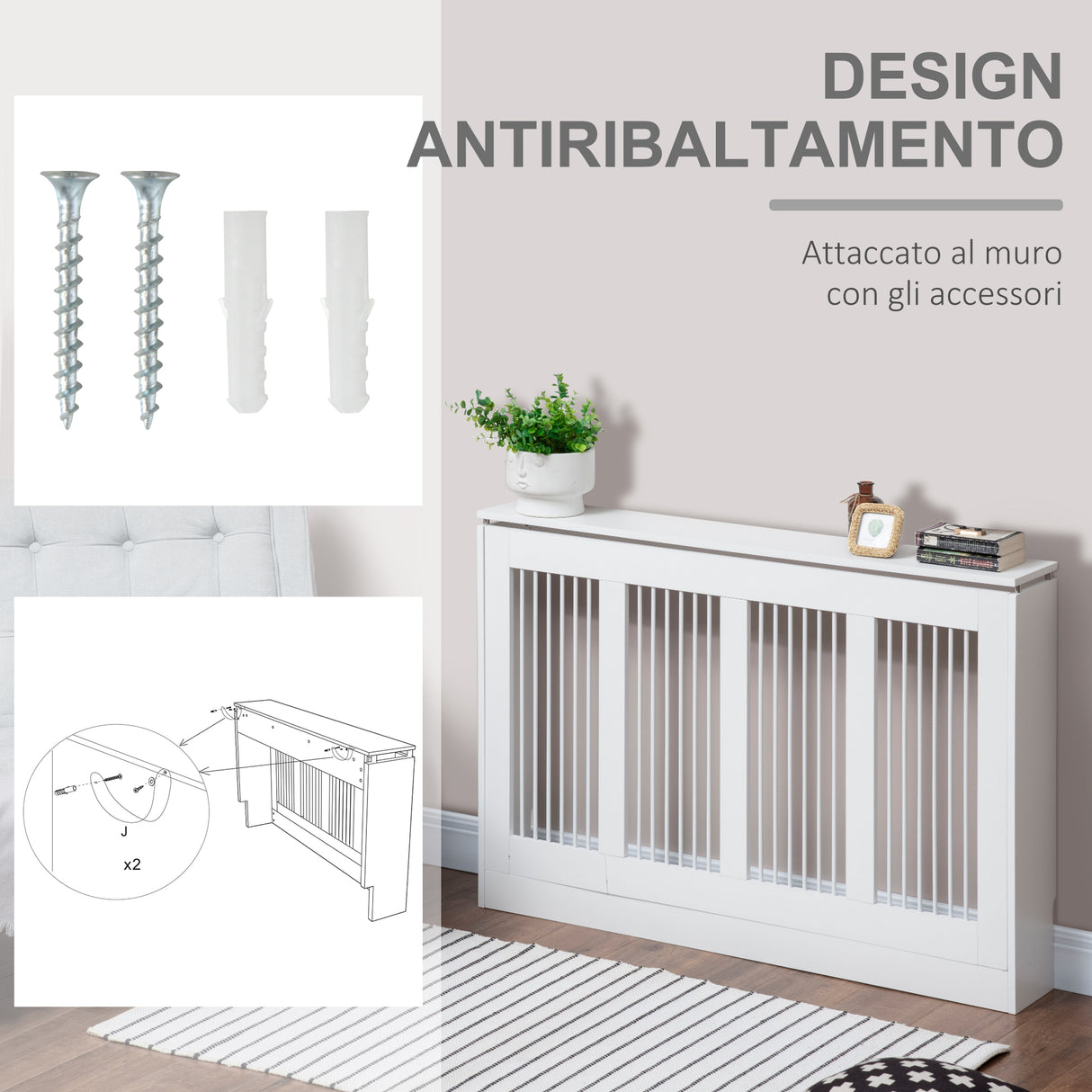 easycomfort copritermosifone a doghe moderno ed elegante per la casa in mdf e acciaio 120x18x84cm bianco