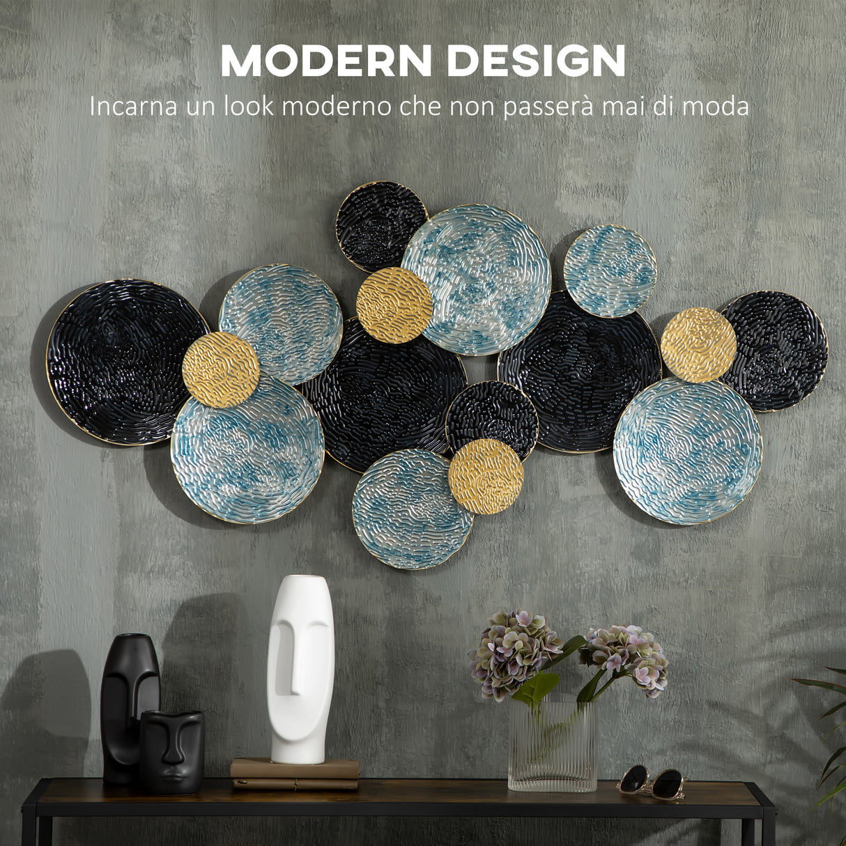 easycomfort easycomfort decorazione murale in metallo 3d wall art a cerchi 133x66cm blu nero e oro