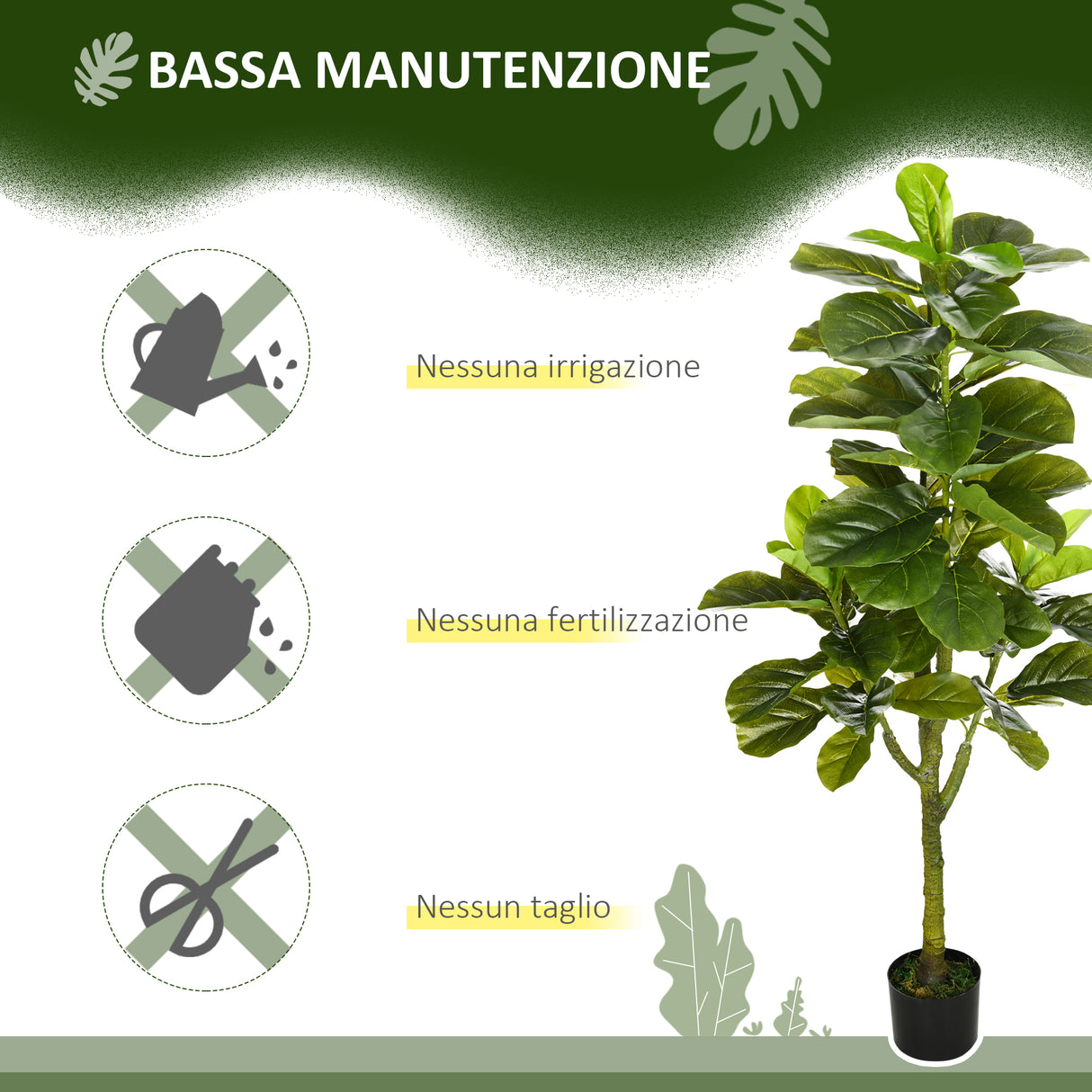 easycomfort pianta artificiale di ficus da 150 cm a 75 foglie e 4 rami con vaso o15x12.5 cm per interni ed esterni verde