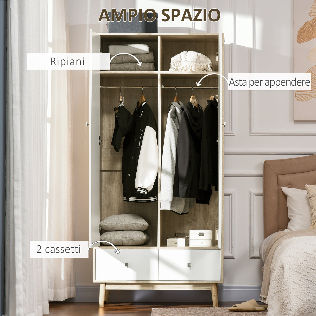 easycomfort easycomfort armadio 2 ante in legno con 4 vani 2 cassetti e appendiabiti color legno e bianco 90x50x190cm
