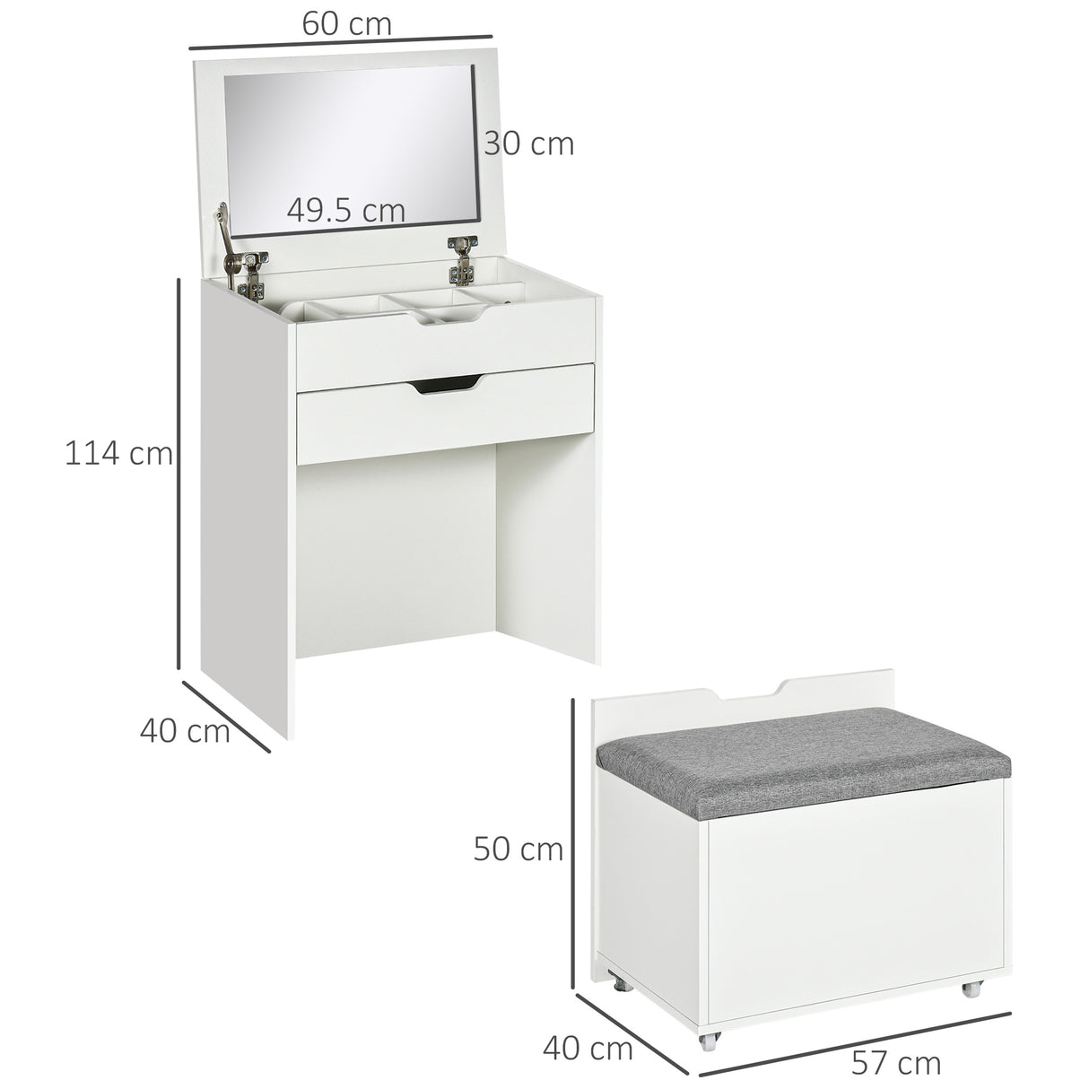 easycomfort toeletta da camera con specchiera cassetto e sgabello abbinato in legno bianco