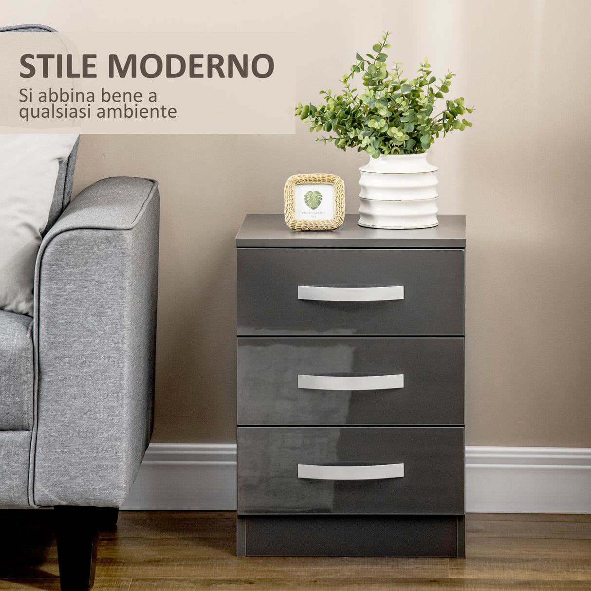 easycomfort easycomfort set 2 comodini moderni con 3 cassetti per camera da letto e soggiorno in truciolato 40x36x56 cm grigio