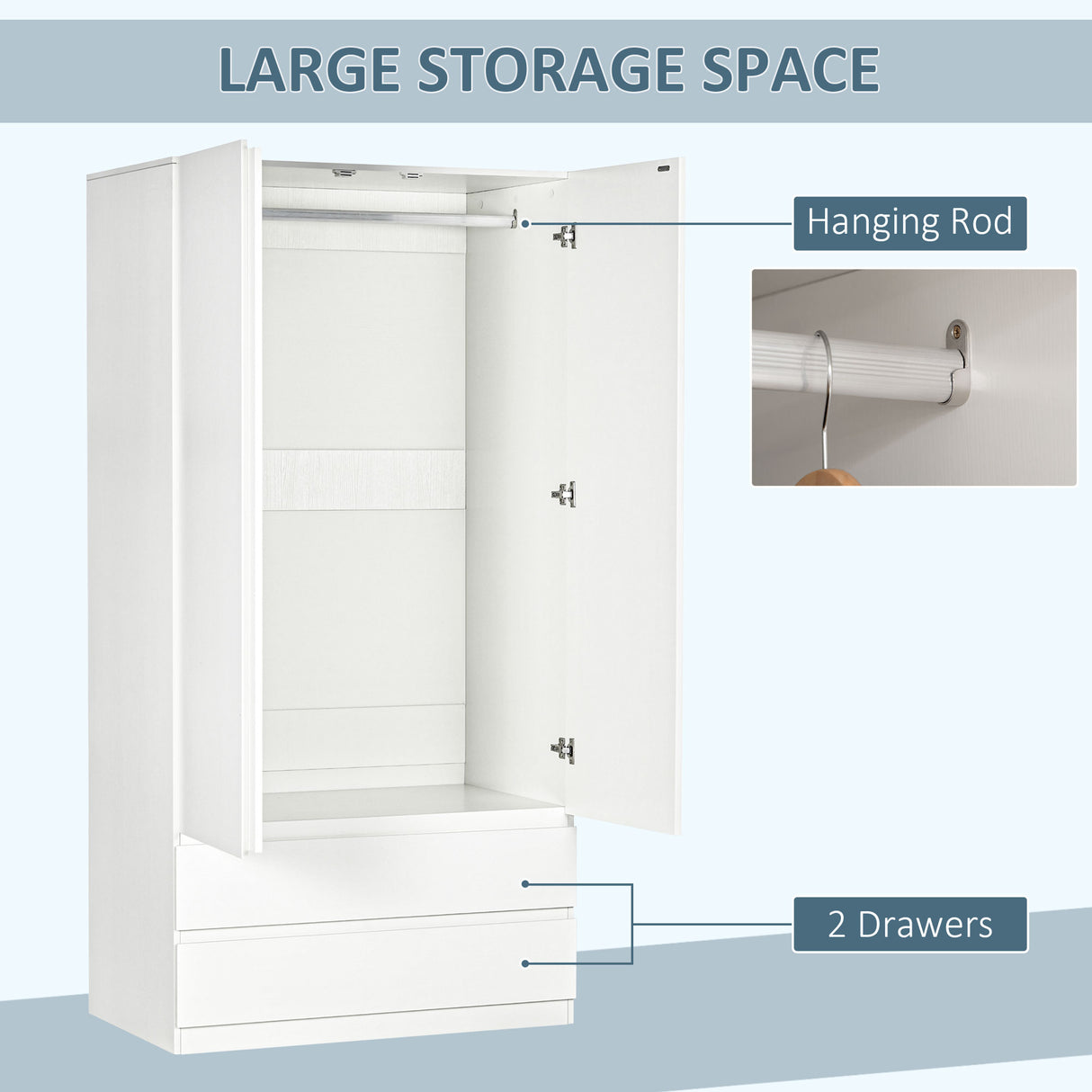 easycomfort easycomfort armadio guardaroba in truciolato bianco con appendiabiti e 2 cassetti scorrevoli per camere da letto 100x60x200 cm
