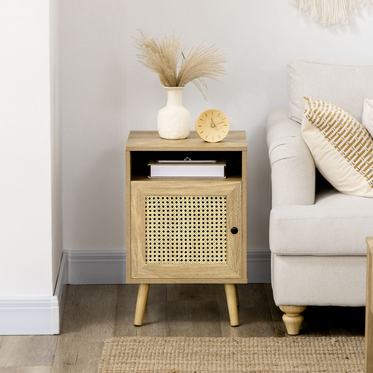 easycomfort easycomfort set 2 comodini in stile boho con armadietto e ripiano aperto in truciolato rattan e mdf 39x35x60 cm