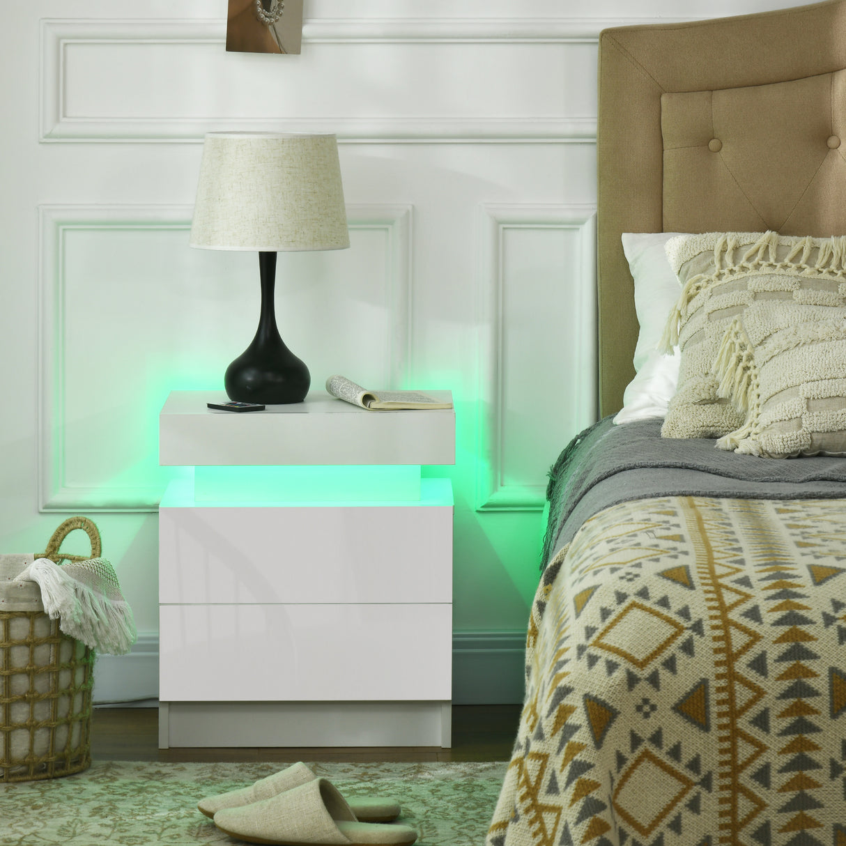 easycomfort easycomfort comodino con luce led rgb e 2 cassetti 4 modalita di luce e 16 colori 45x35x52cm bianco