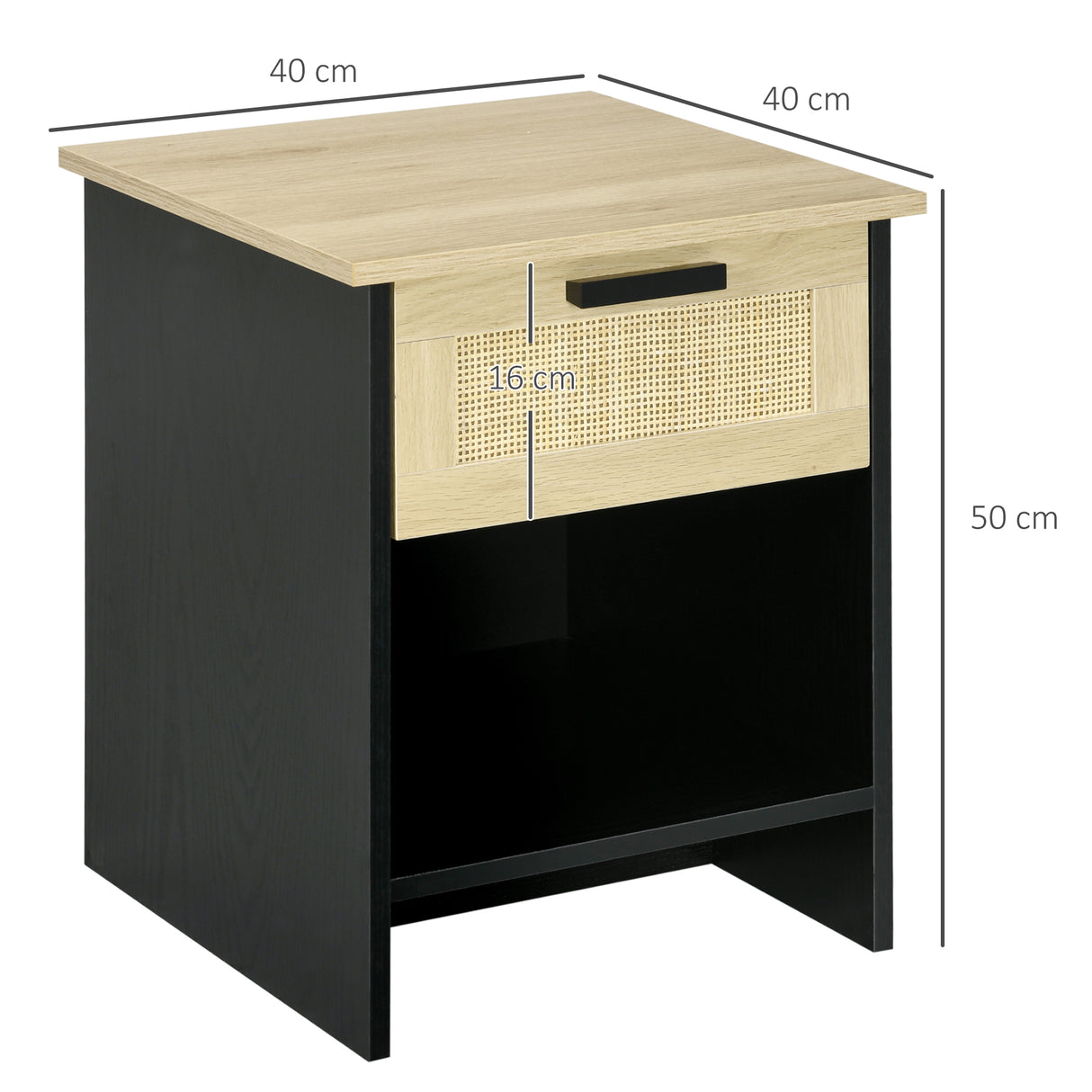 easycomfort easycomfort comodino stile boho chic in legno e rattan con cassetto e ripiano 40x40x50cm nero e naturale