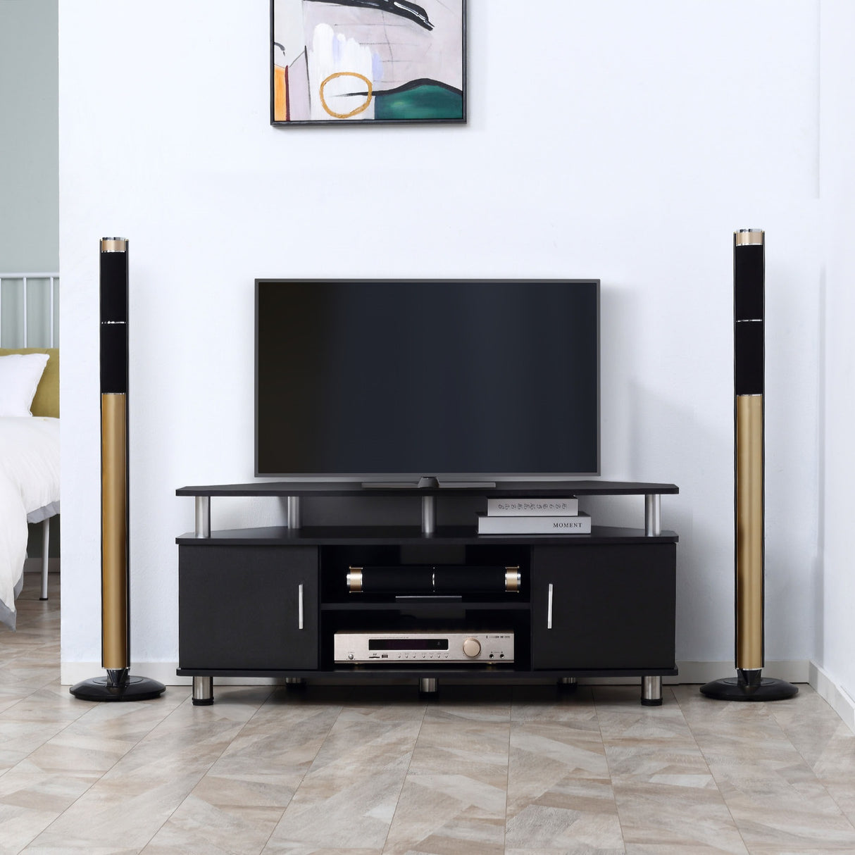 easycomfort easycomfort mobile porta tv classico da soggiorno con 2 ripiani e 2 armadietti in mdf e acciaio inox nero 120x39 5x52cm ean 8055776910765