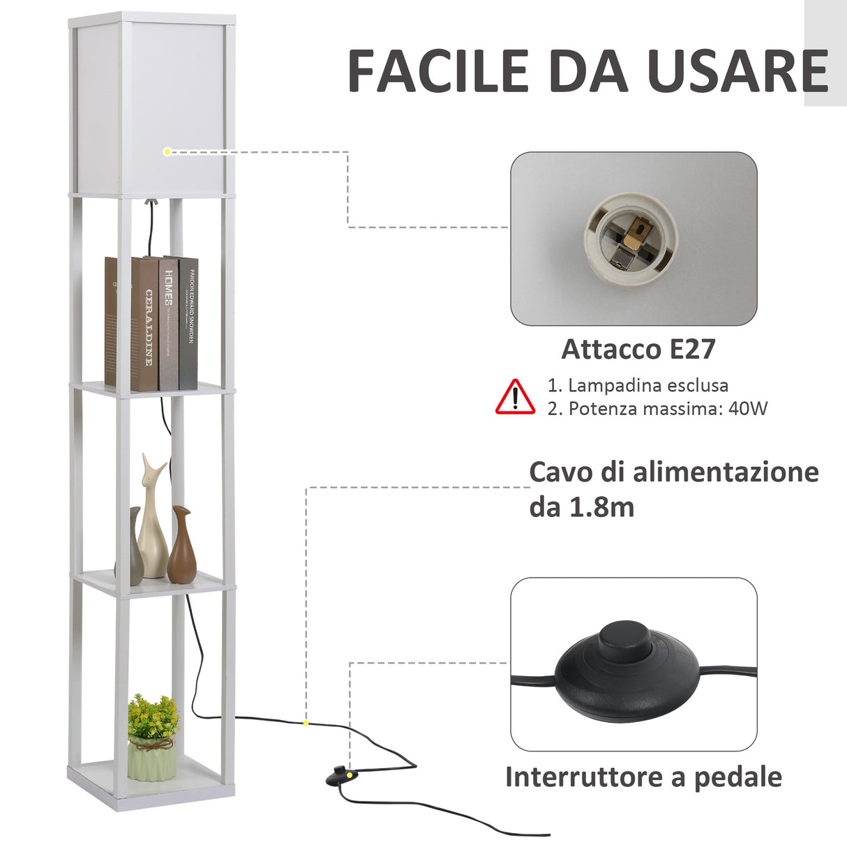 easycomfort easycomfort lampada da terra con 3 mensole integrate attacco e27 potenza 40w arredamento moderno in mdf 26x26x160cm bianco