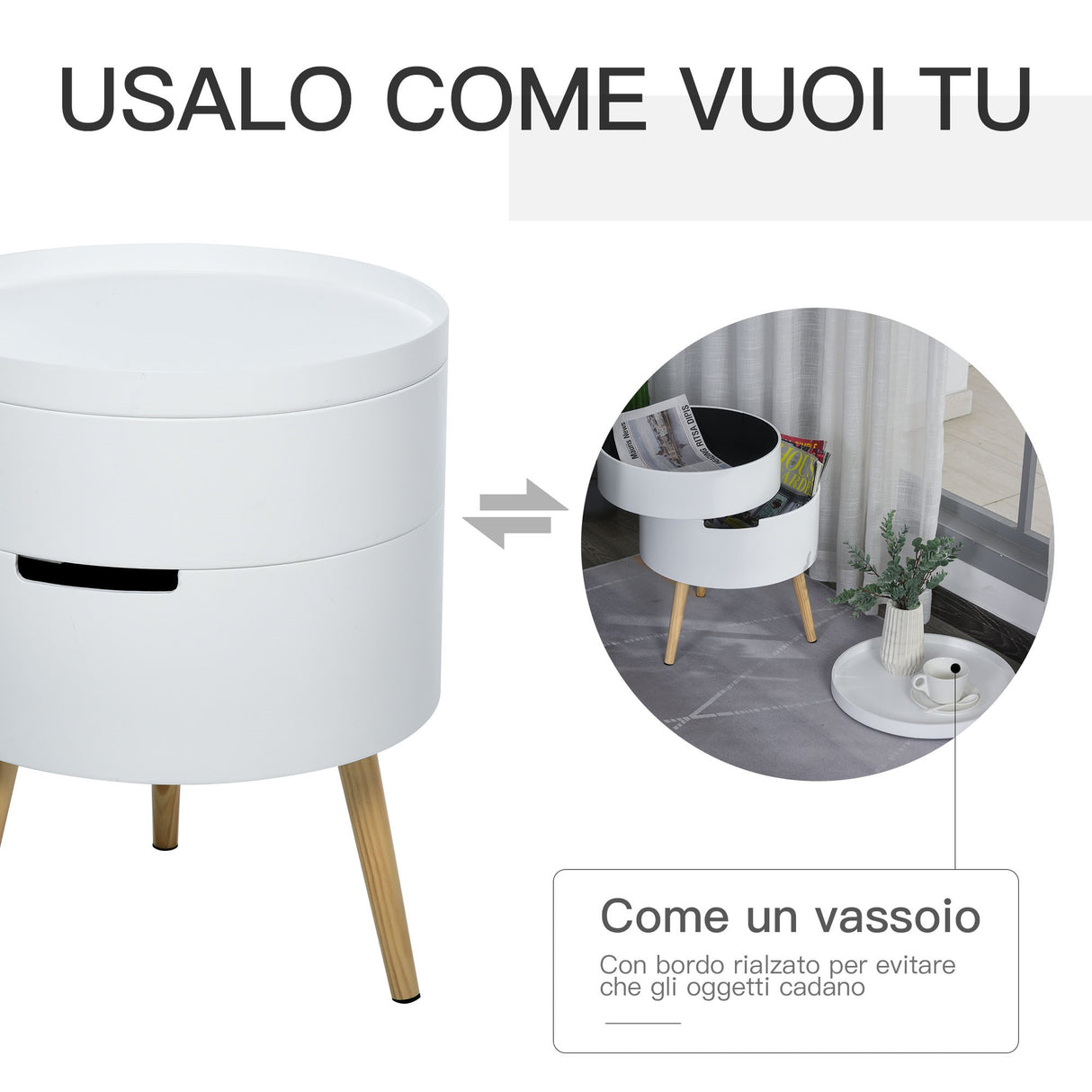 easycomfort easycomfort tavolino da caffe rotondo 3 elementi con apertura a rotazione vassoio rimovibile in legno bianco 38 x 48 3cm ean 8054144134604