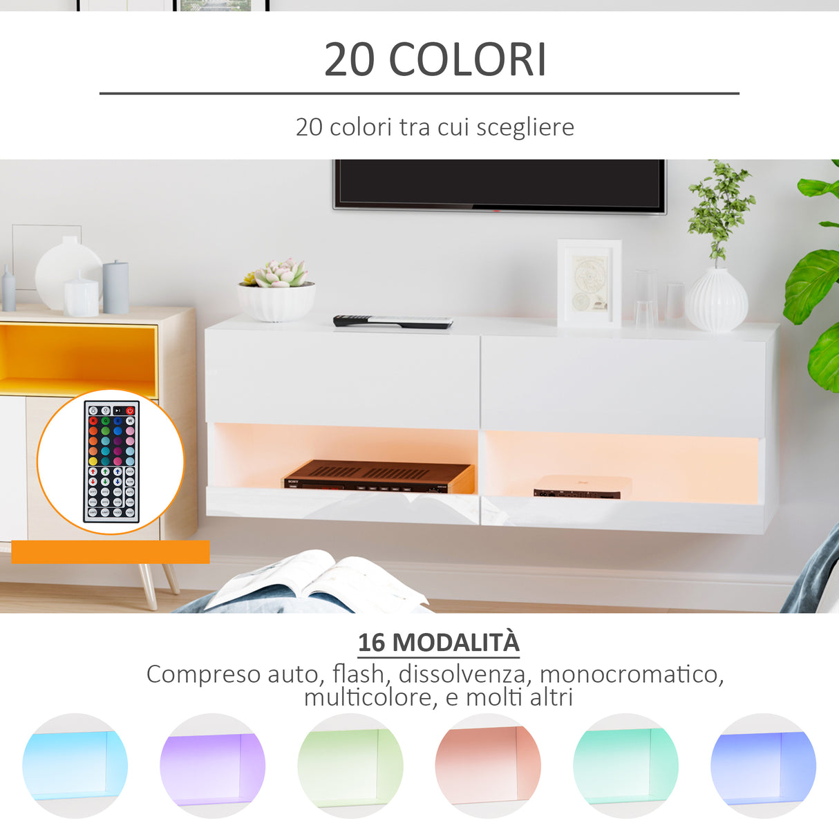 easycomfort easycomfort mobile tv sospeso in legno mobile porta tv moderno con luci led di 20 colori per tv max 42 bianco lucido 120x35x40 5cm