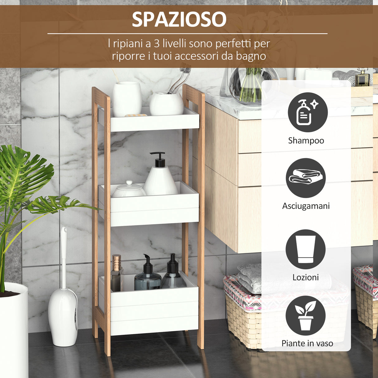 easycomfort easycomfort mobiletto bagno a 3 ripiani compatto in legno mdf bianco e bambu 27 5x20 8x74cm