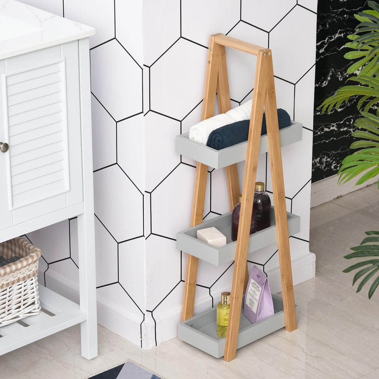 easycomfort easycomfort scaffale salvaspazio da bagno in mdf e bambu forma a piramide con 3 mensole color legno e grigio 30x18x81cm ean 8054111842150