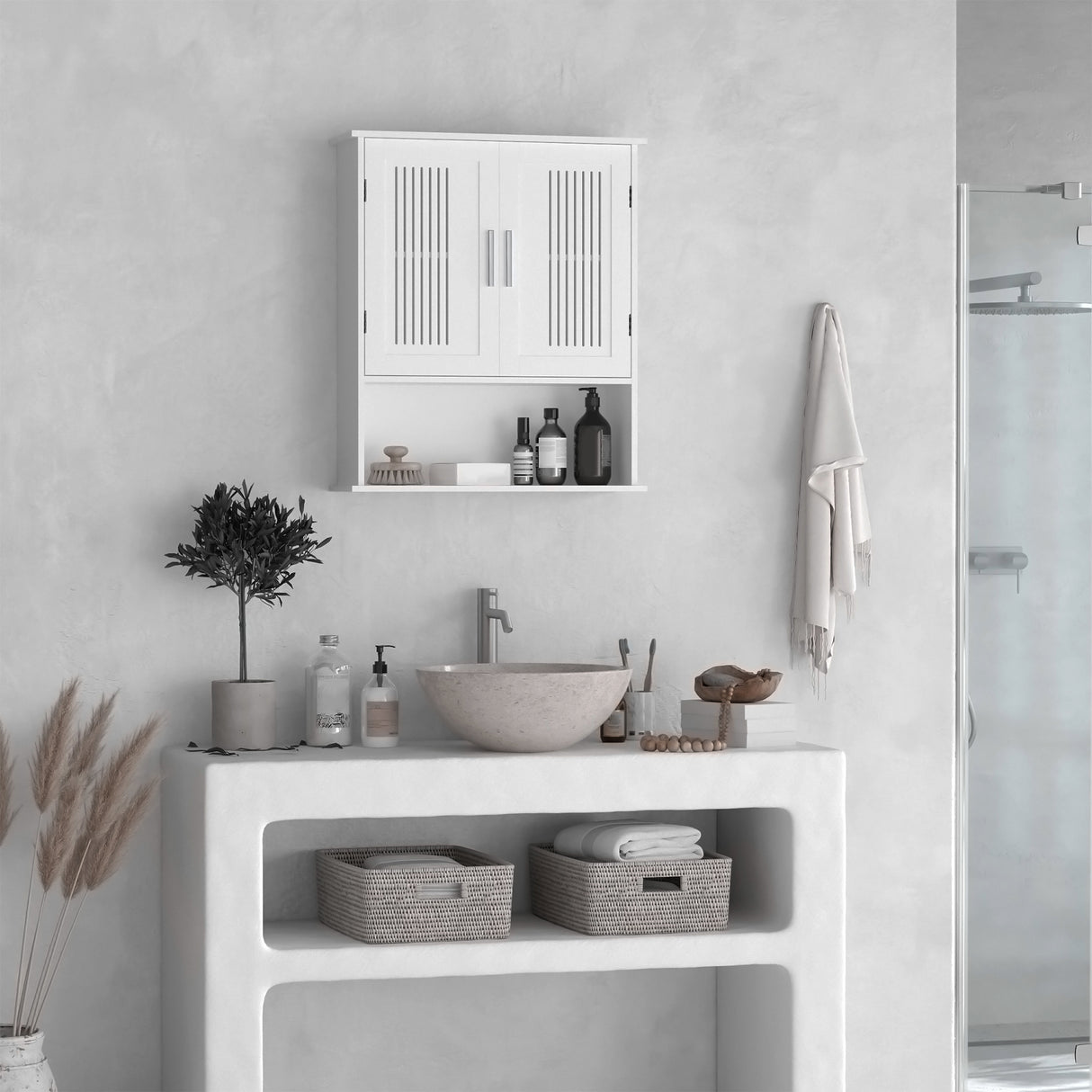 easycomfort easycomfort mobiletto da bagno a muro salvaspazio con armadietto e ripiano 60x20x70 cm bianco