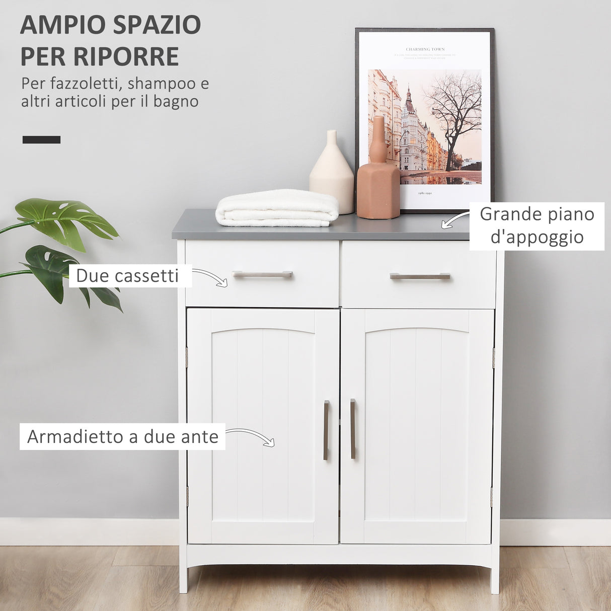 easycomfort easycomfort mobiletto bagno con 2 ante 2 cassetti e ripiano regolabile in mdf 68x33x76cm