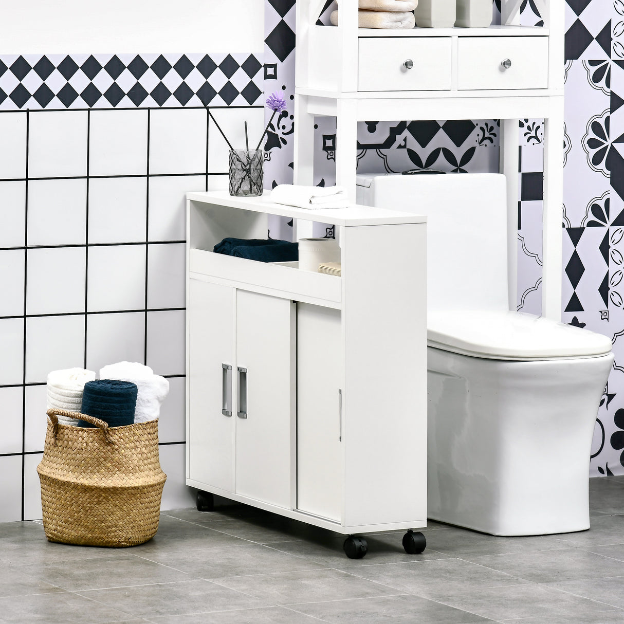 easycomfort easycomfort mobiletto bagno con porte scorrevoli ripiano regolabile e 4 ruote in truciolato e lega di alluminio 70x20x71cm