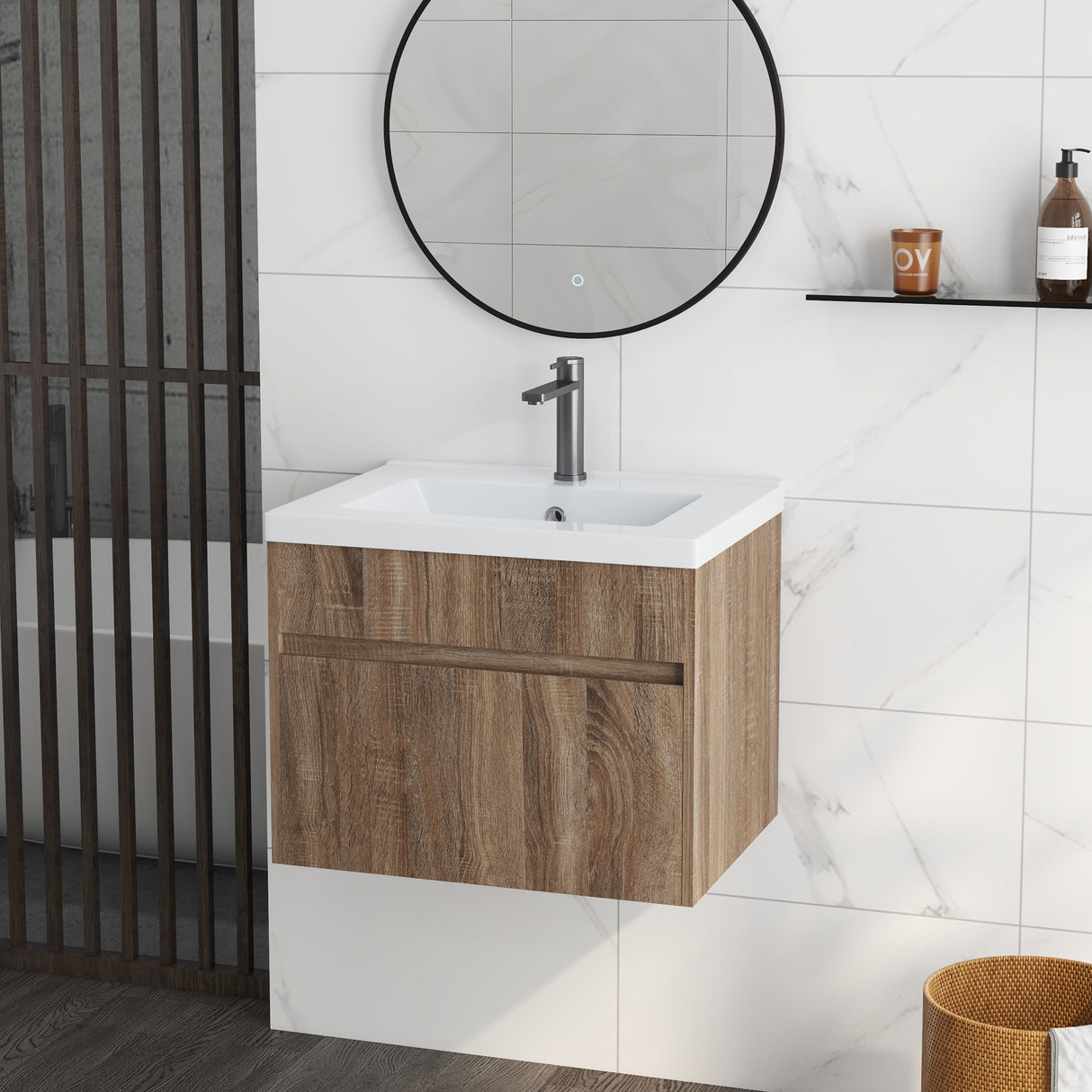 easycomfort easycomfort mobile lavabo da 60cm con cassetto in legno e lavandino in ceramica marrone chiaro