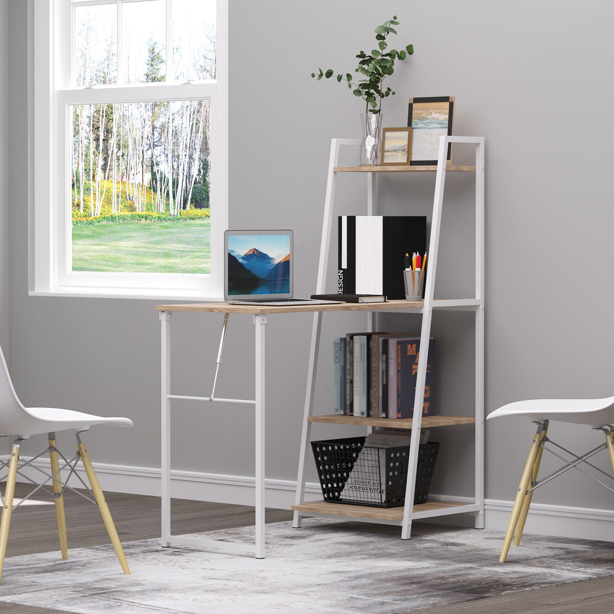 easycomfort easycomfort scrivania pieghevole con libreria salvaspazio in metallo bianco e legno mdf color rovere 106x48x128cm ean 8054144138176