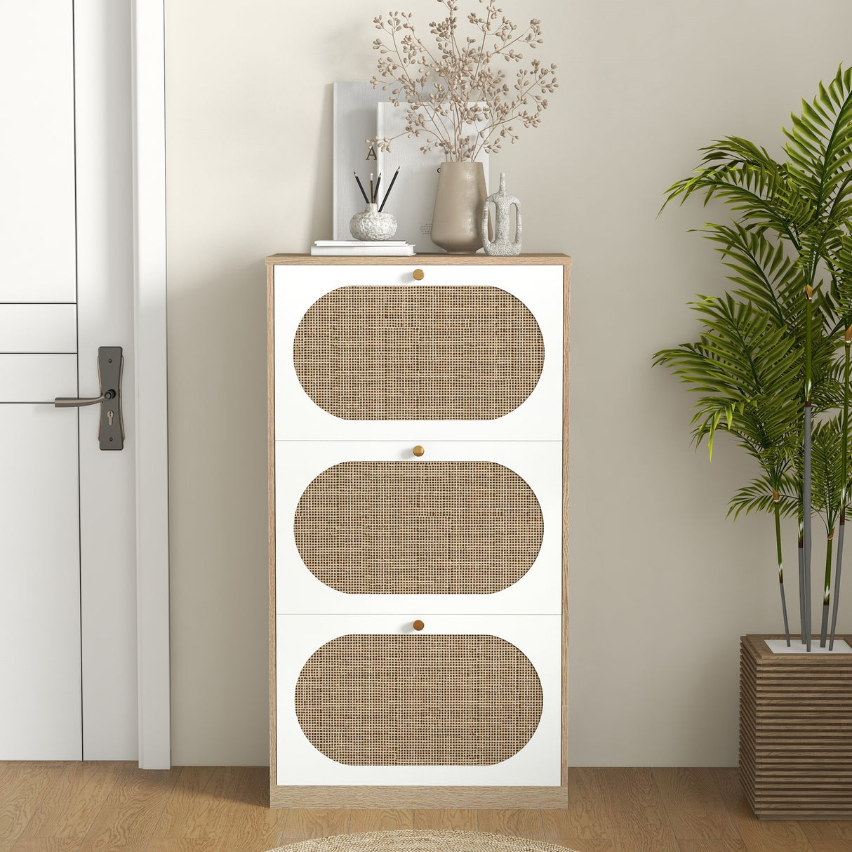 easycomfort easycomfort scarpiera stile boho in rattan truciolato e mdf con 3 ripiani regolabili per 18 paia max 60x24x115 cm
