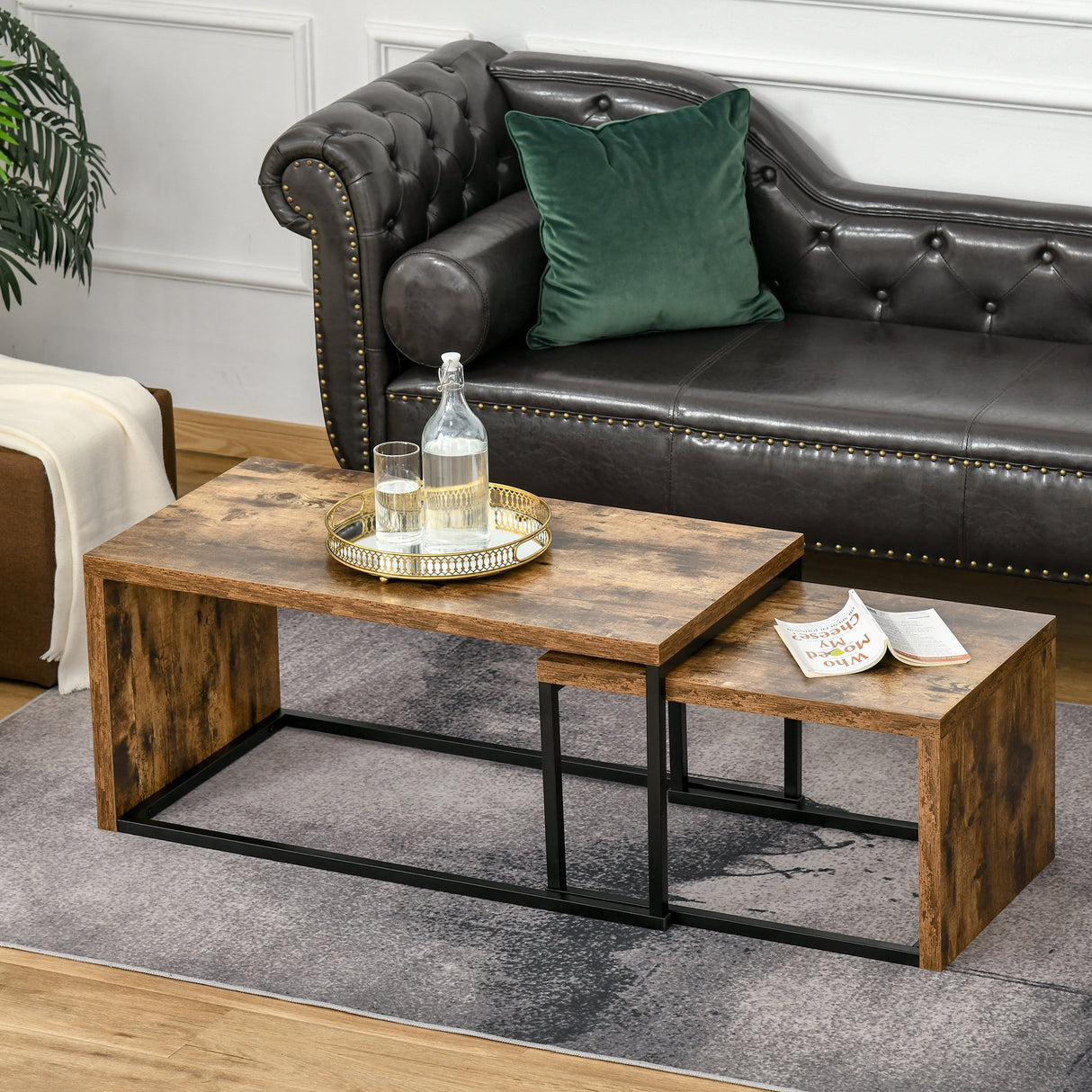 easycomfort easycomfort set di 2 tavolini da salotto impilabili e salvaspazio in stile industriale legno mdf e metallo marrone e nero