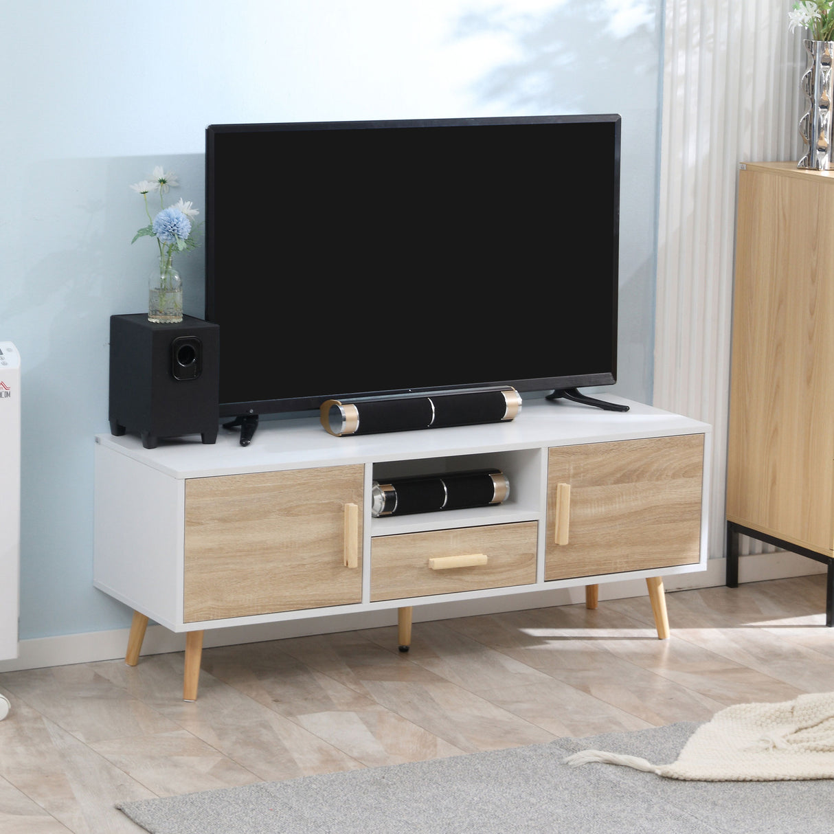 easycomfort easycomfort mobile tv basso per tv max 46 con ripiano aperto cassetto e 2 armadietti in truciolato e pino 140x40x55 3 cm
