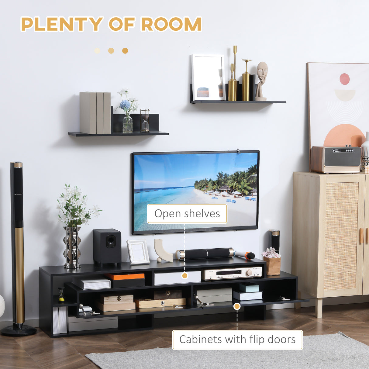 easycomfort easycomfort mobile porta tv moderno con 2 mensole in legno vani aperti e armadietti nero