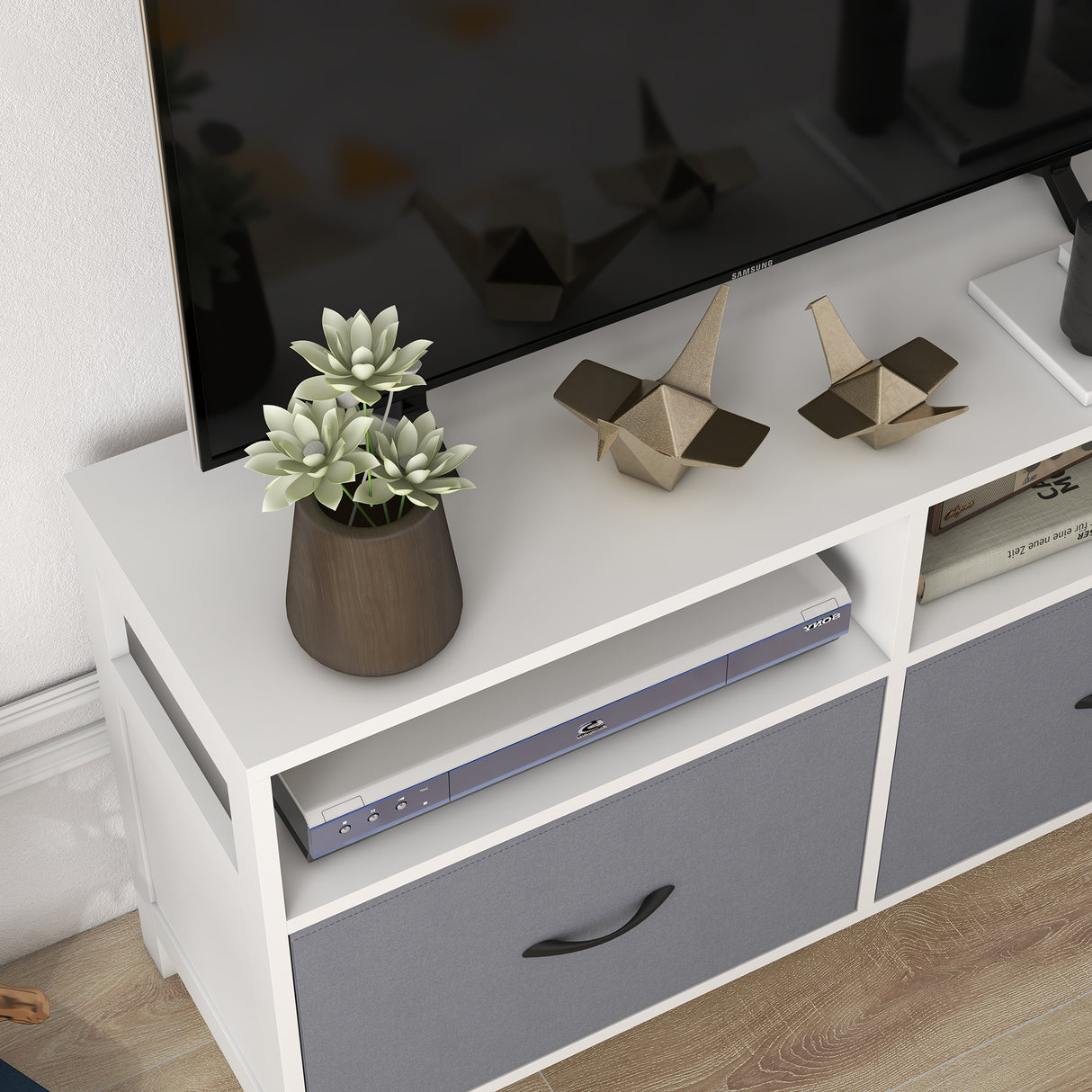 easycomfort easycomfort mobile tv 45 max in mdf e tessuto non tessuto con 2 cassetti e 2 ripiani 100x30x53 cm bianco e grigio