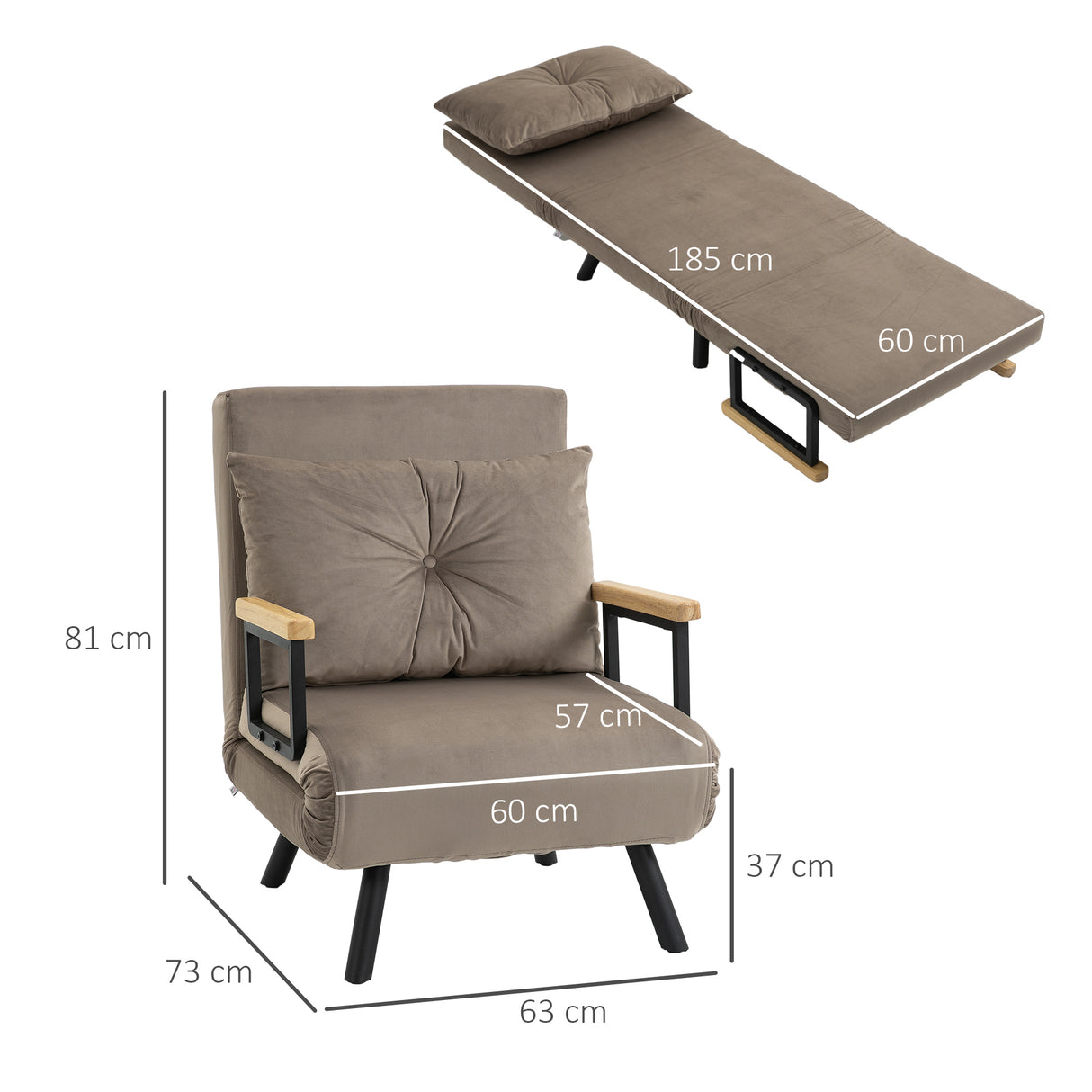 easycomfort easycomfort poltrona letto imbottita 3 in 1 con schienale reclinabile in 5 posizioni e cuscino 63x73x81 cm grigio