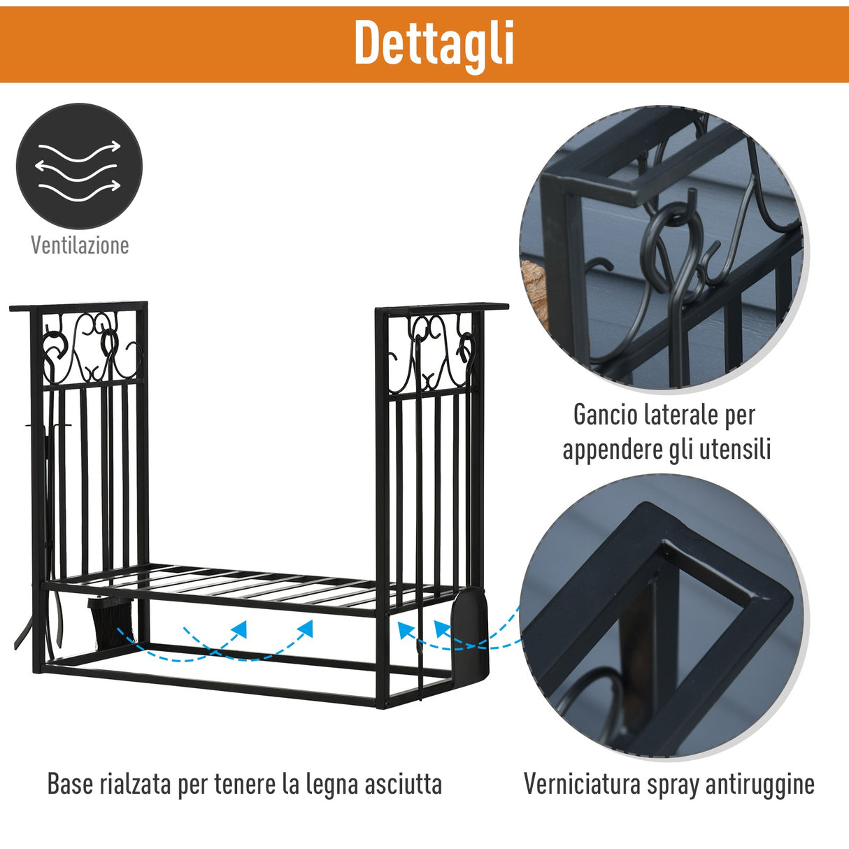 easycomfort easycomfort portalegna in acciaio nero per interni ed esterni con 4 attrezzi inclusi