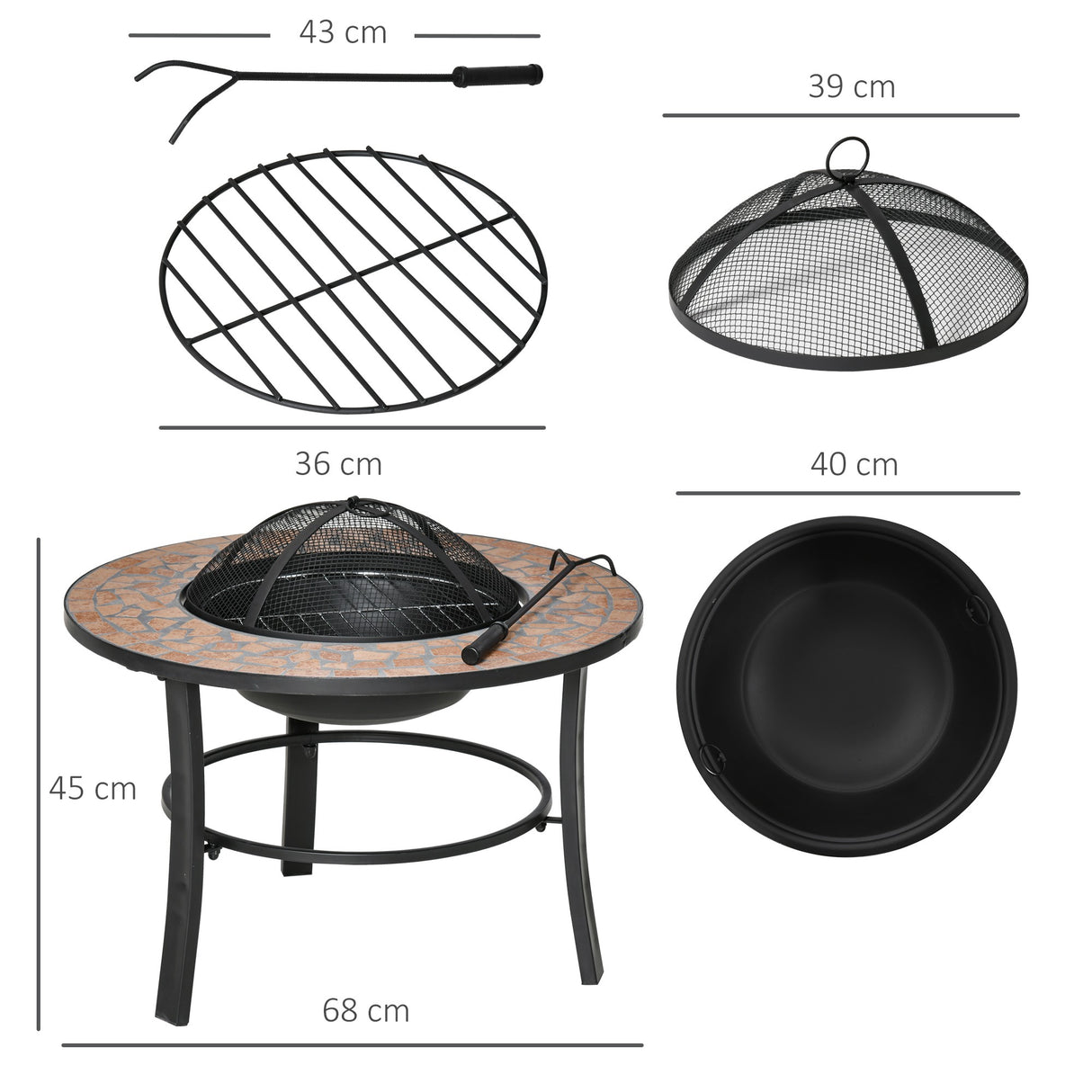 easycomfort braciere da giardino con coperchio parascintille attizzatoio e piano d appoggio in ceramica 68x68x45cm nero