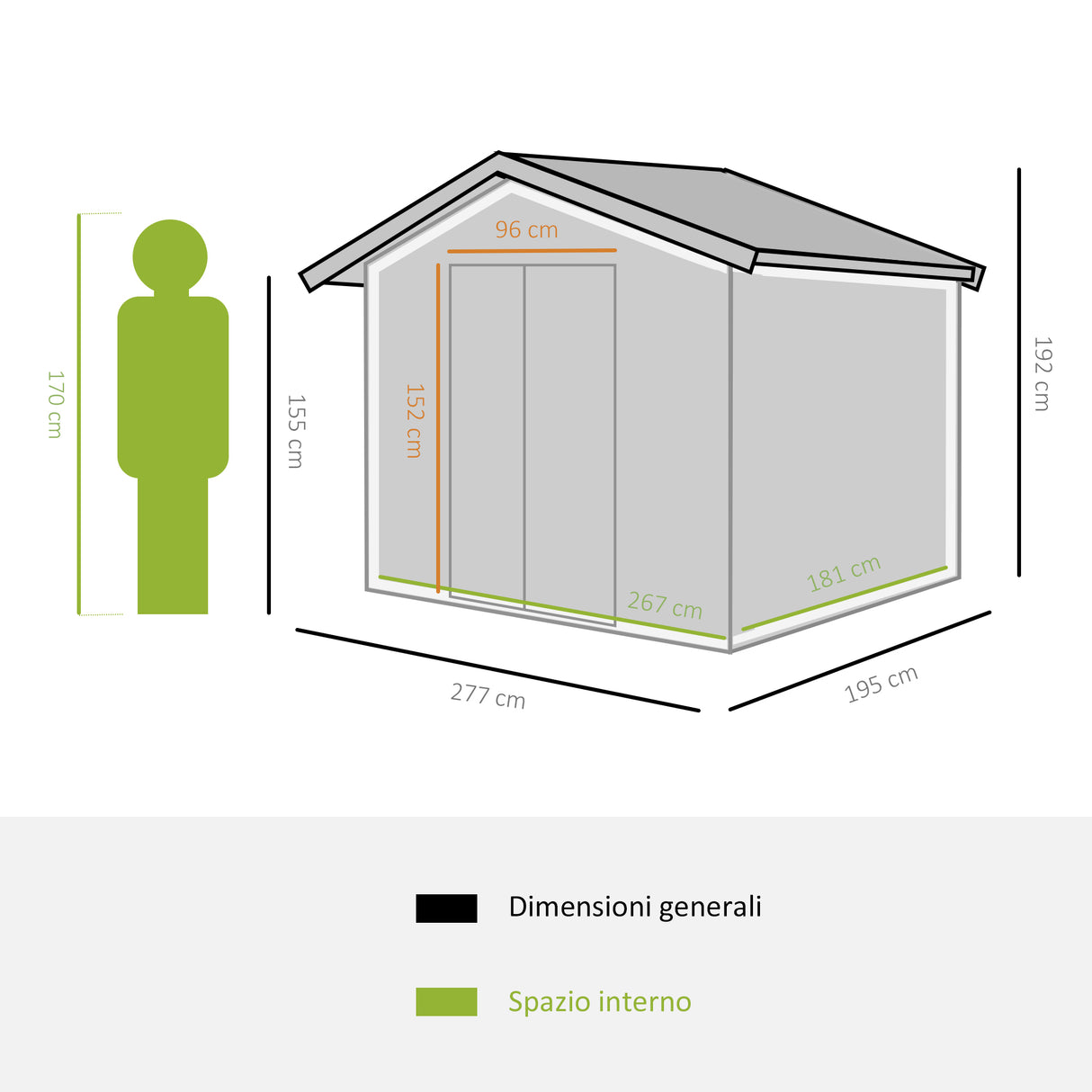easycomfort casetta da giardino a 2 porte scorrevoli e 4 prese d aria in acciaio e pp 277x195x192cm grigia