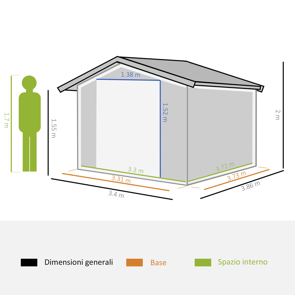 easycomfort casetta da giardino con 2 porte scorrevoli e 4 prese d aria in acciaio e pp 340x386x200cm verde