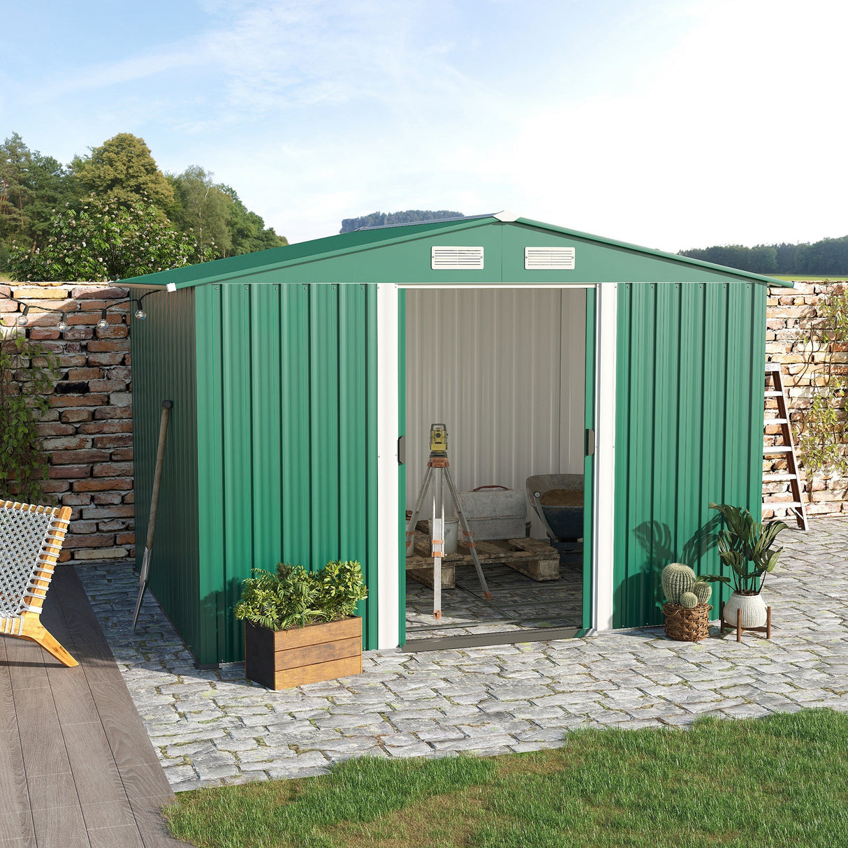 easycomfort easycomfort casetta da giardino porta utensili in lamiera di acciaio capanno da giardino in acciaio con base e porte scorrevoli 258x206x178cm verde