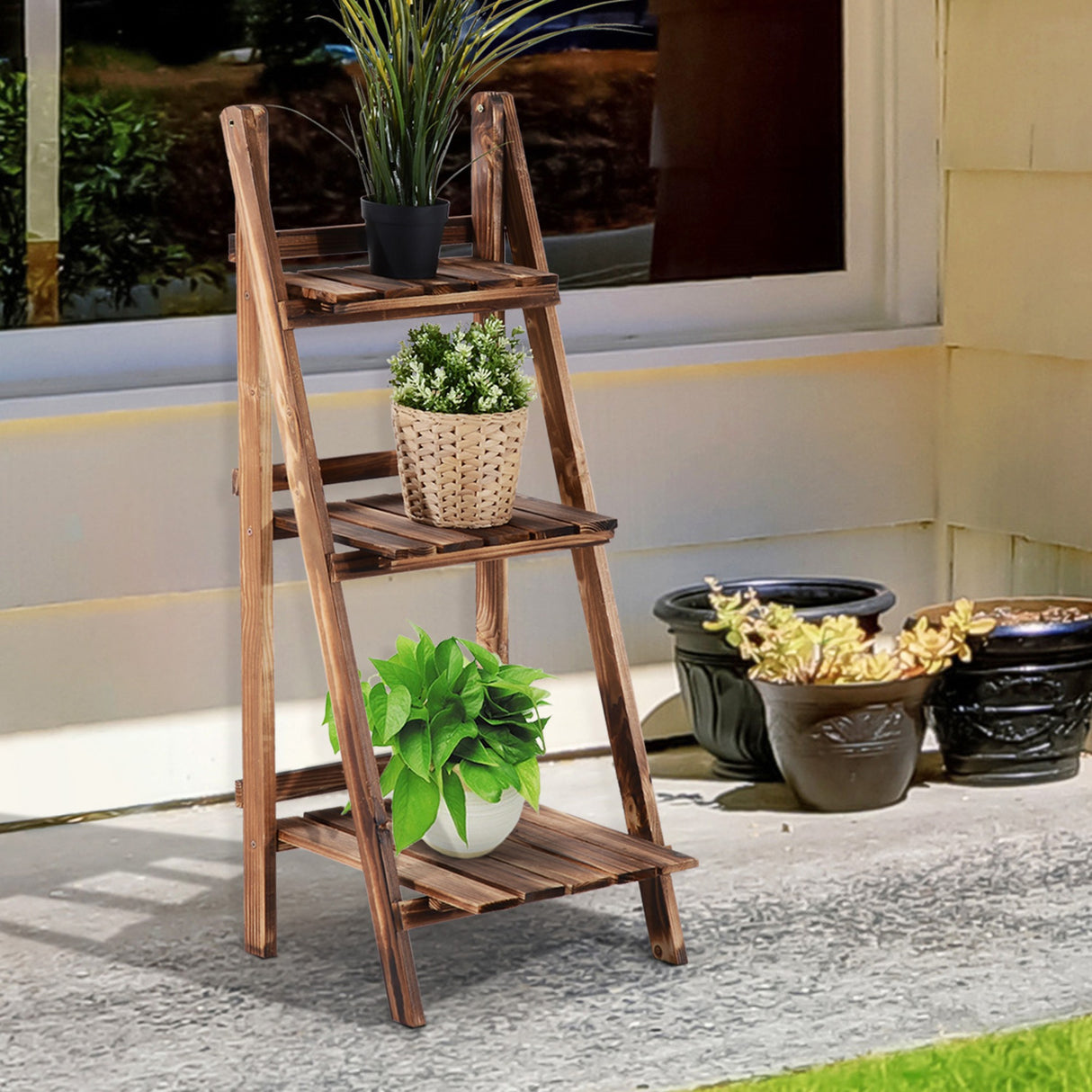 easycomfort scaffale portapiante pieghevole in legno di abete con 3 livelli da esterno 40x37x93cm