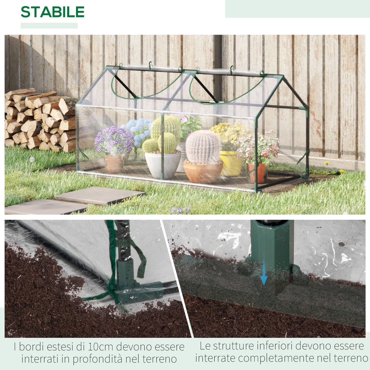 easycomfort mini serra da giardino con 2 finestre avvolgibili e copertura pvc anti uv 119x60x60cm trasparente