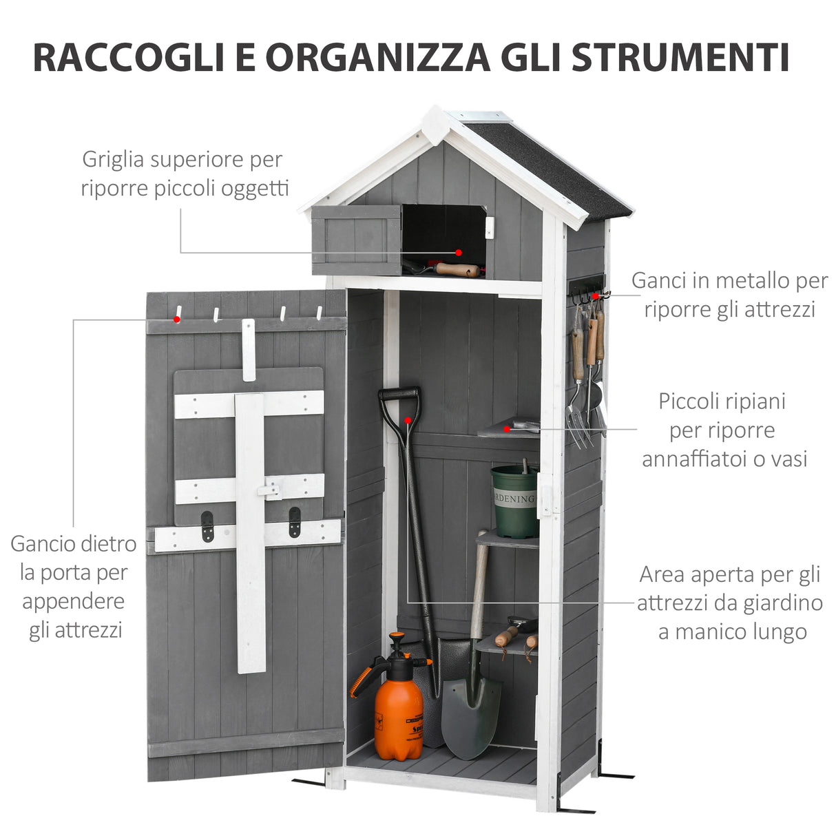 easycomfort casetta da giardino porta attrezzi in abete con ripiano rimovibile e tavolo da lavoro 78x52.5x182 cm grigia