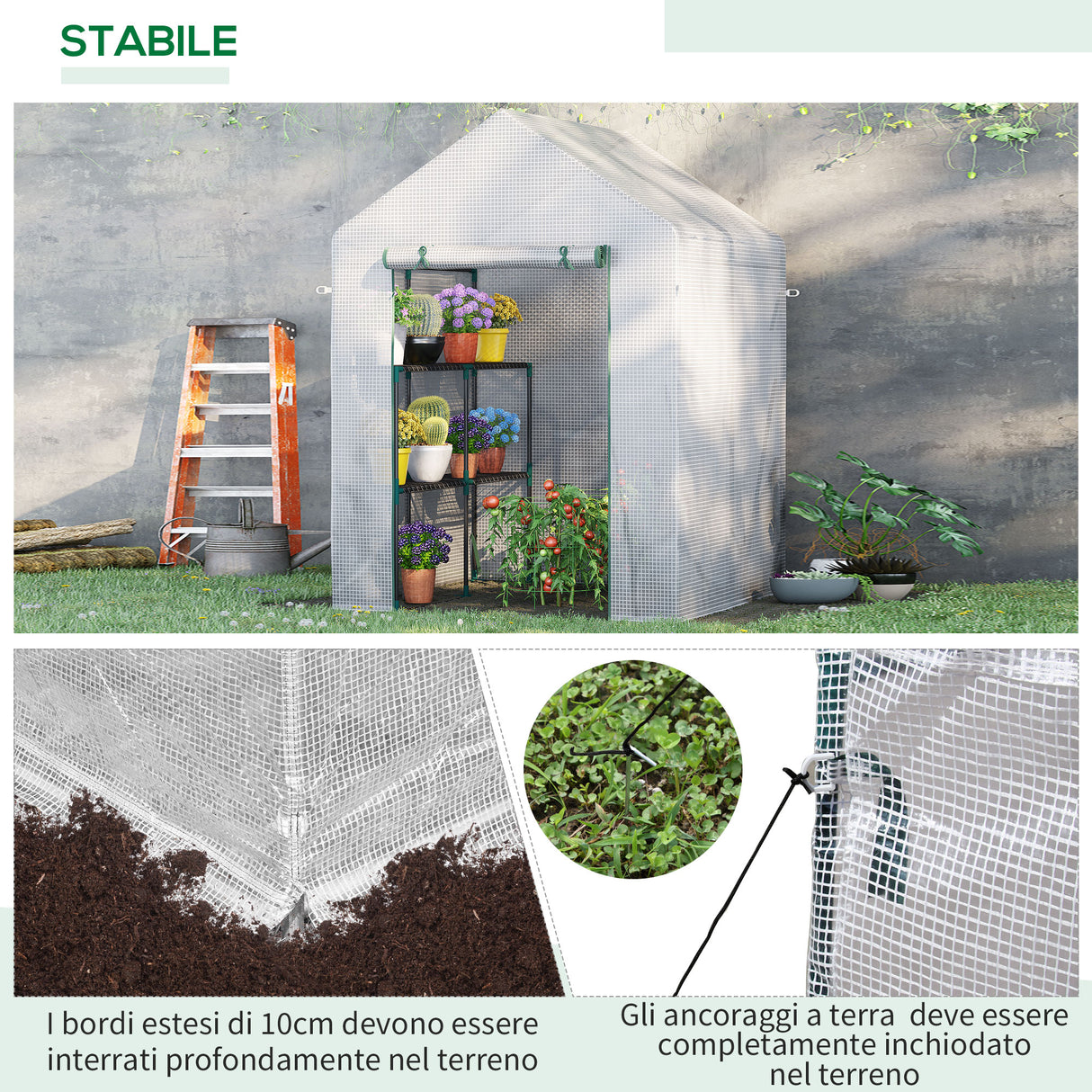 easycomfort serra da giardino per esterni in acciaio e pe con 2 scaffali e porta avvolgibile 143x143x195 cm bianco