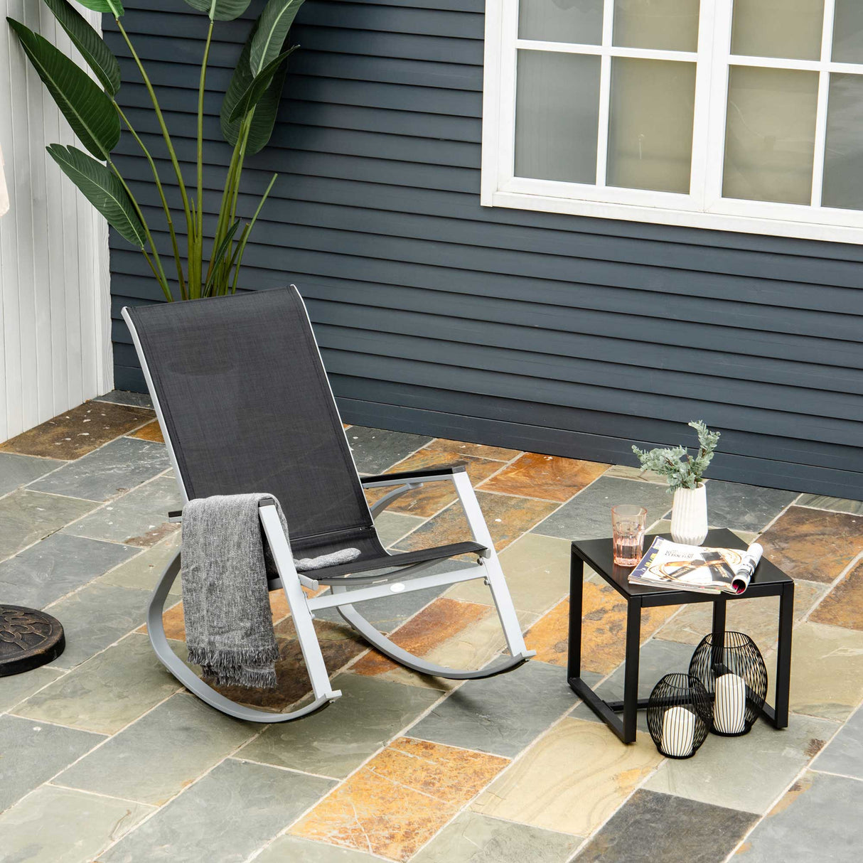 easycomfort sedia a dondolo da giardino impermeabile e antiruggine nera