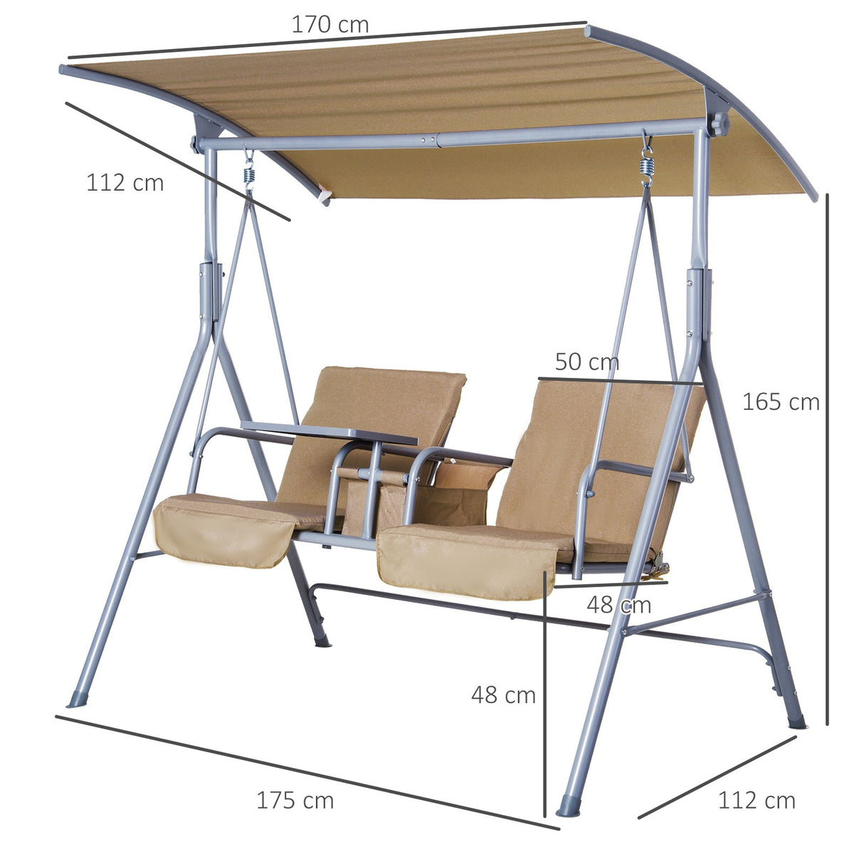 easycomfort dondolo da giardino 2 posti separati con tavolino e tetto regolabile in metallo 175x112x165cm beige